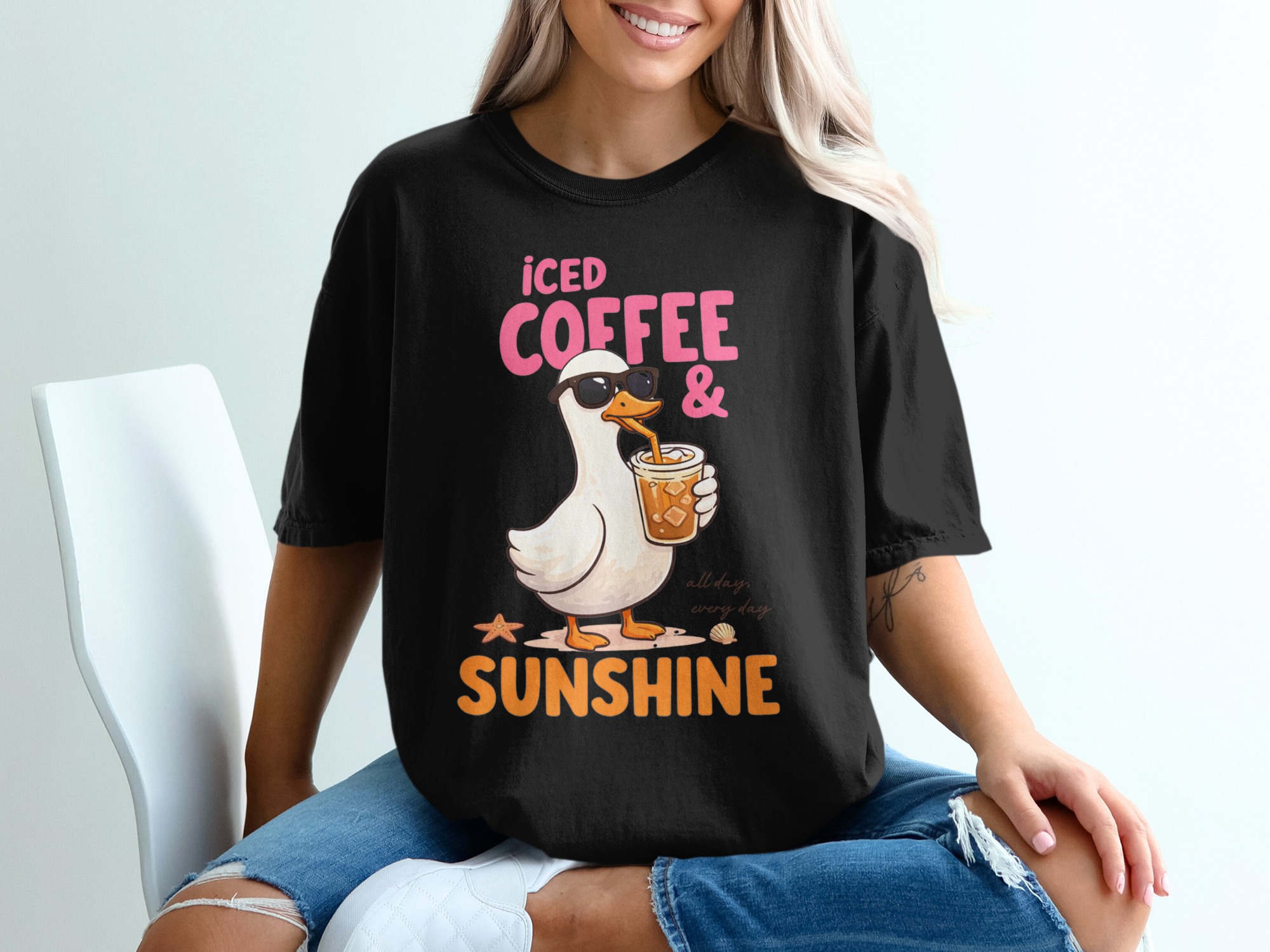 Iced Coffee & Sunshine Goose T-Shirt, Cute Summer Beach Vibe Coffee Lover Graphic Tee, Relaxed Vacation Gift Idea - Image 5