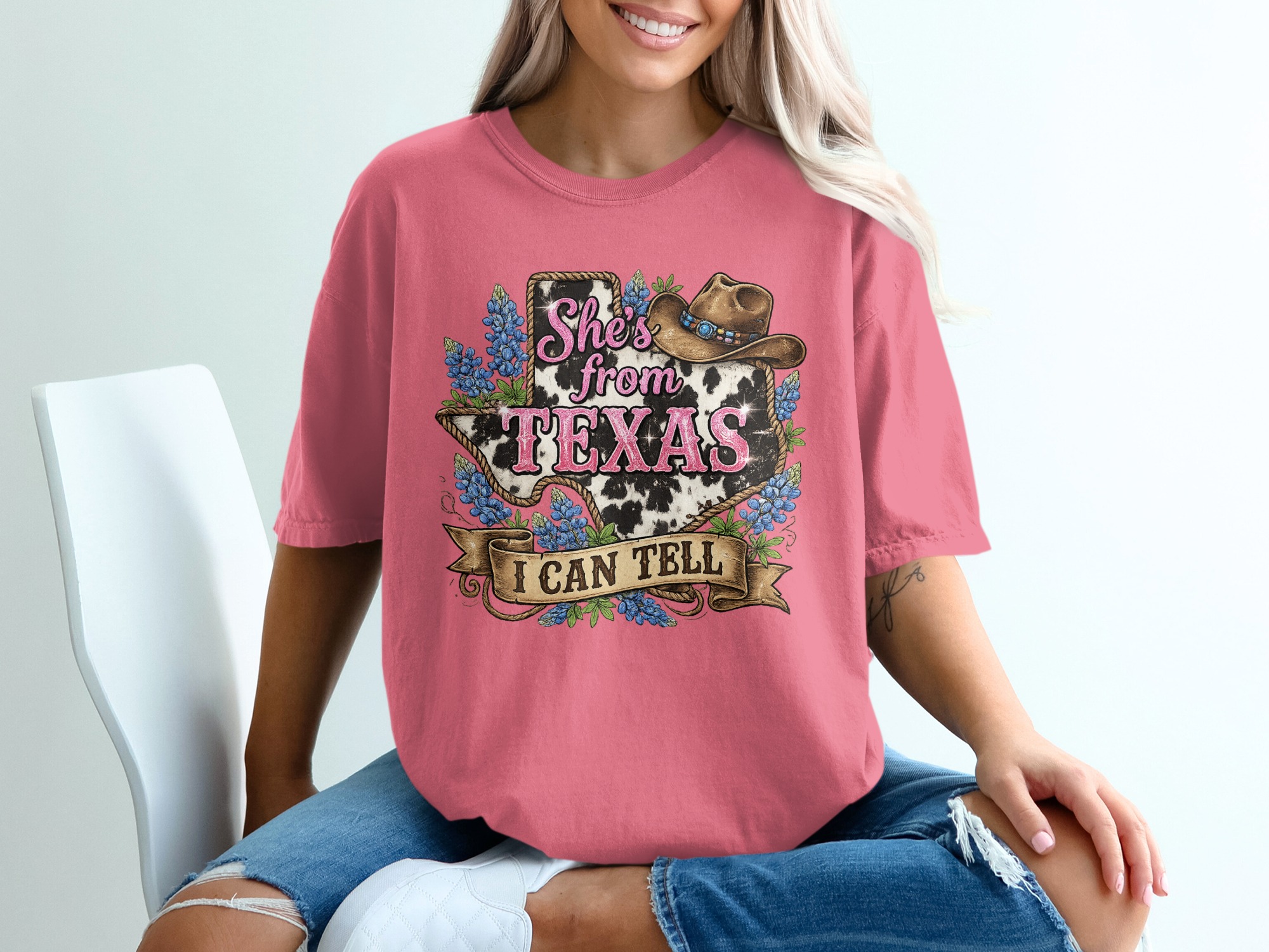 She's from Texas T-Shirt, Cow Print Bluebonnet Texas Tee, Western Country Style Southern Pride Gift for Her - Image 16