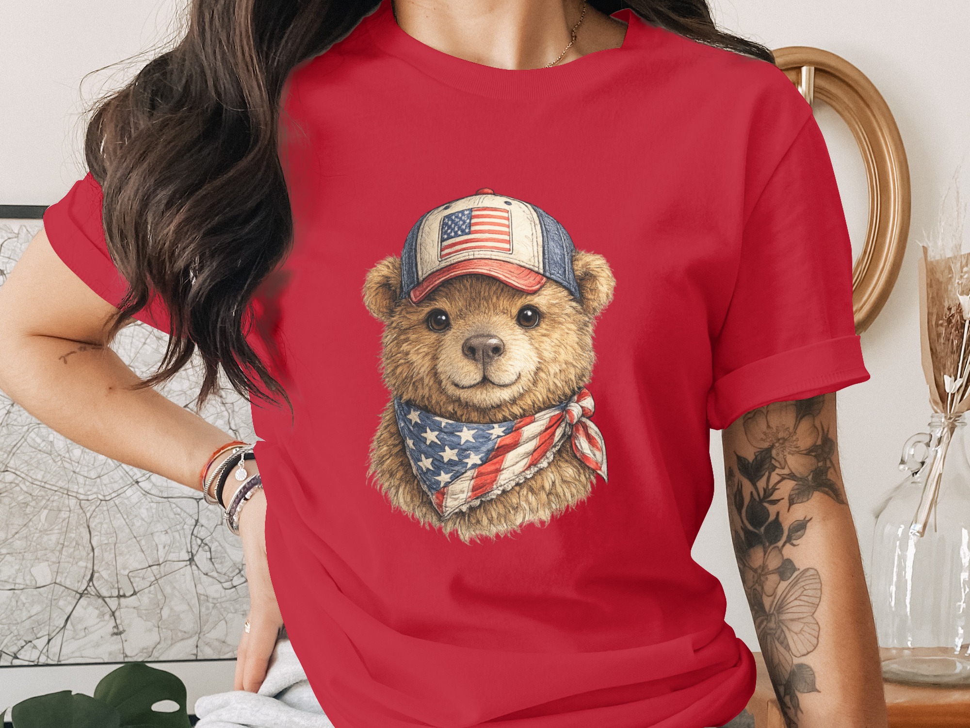 Patriotic Bear with American Flag Hat T-Shirt - Image 2