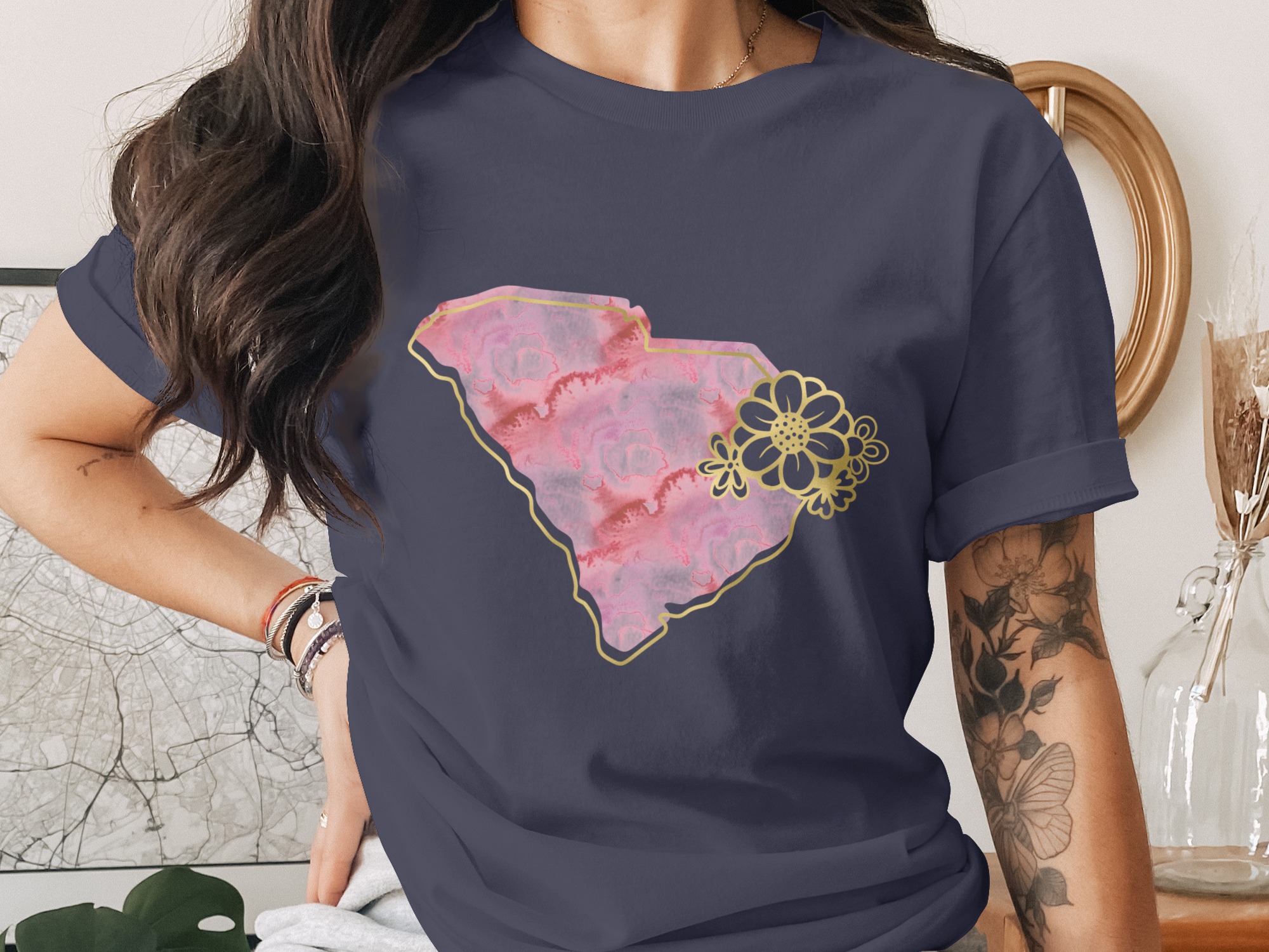 South Carolina Watercolor T-Shirt | SC State Pink Faux Gold Floral Tee | Palmetto State Southern Gift - Image 3