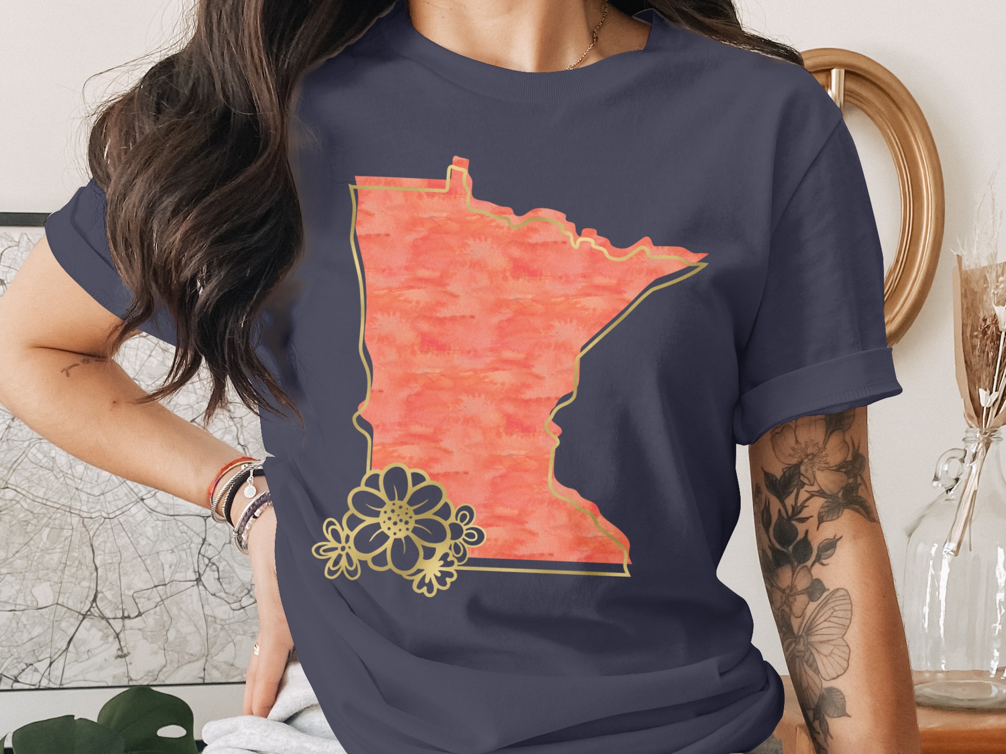 Minnesota T-Shirt, Watercolor MN State Outline with Faux Gold Floral Design, Midwest Home State Pride Tee, MN Gift - Image 3