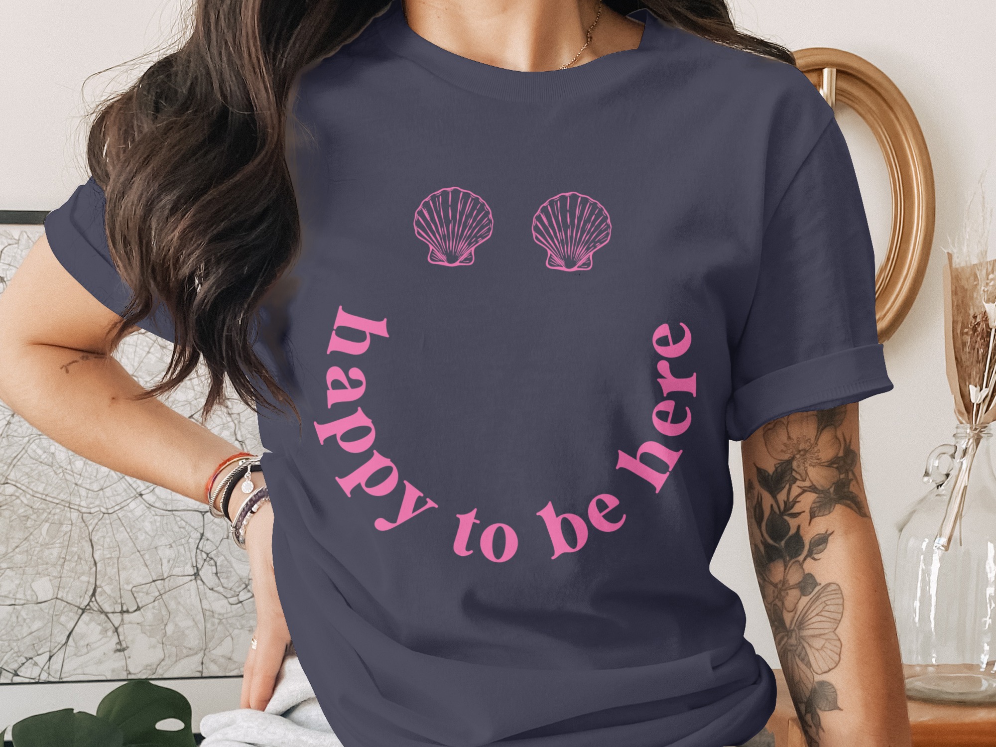 Happy To Be Here T-Shirt, Beach Smiley Face Shirt, Pink Seashell Graphic Tee, Coastal Vacation Top, Summer Aesthetic Preppy Gift For Her - Image 3