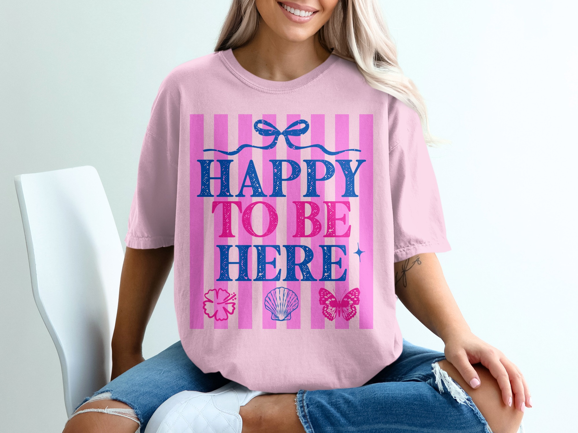 Happy To Be Here T-shirt | Barbiecore Aesthetic Tee | Pink & Blue Summer Vacation Shirt | Positive Vibes Travel Tee Gift for Her - Image 17