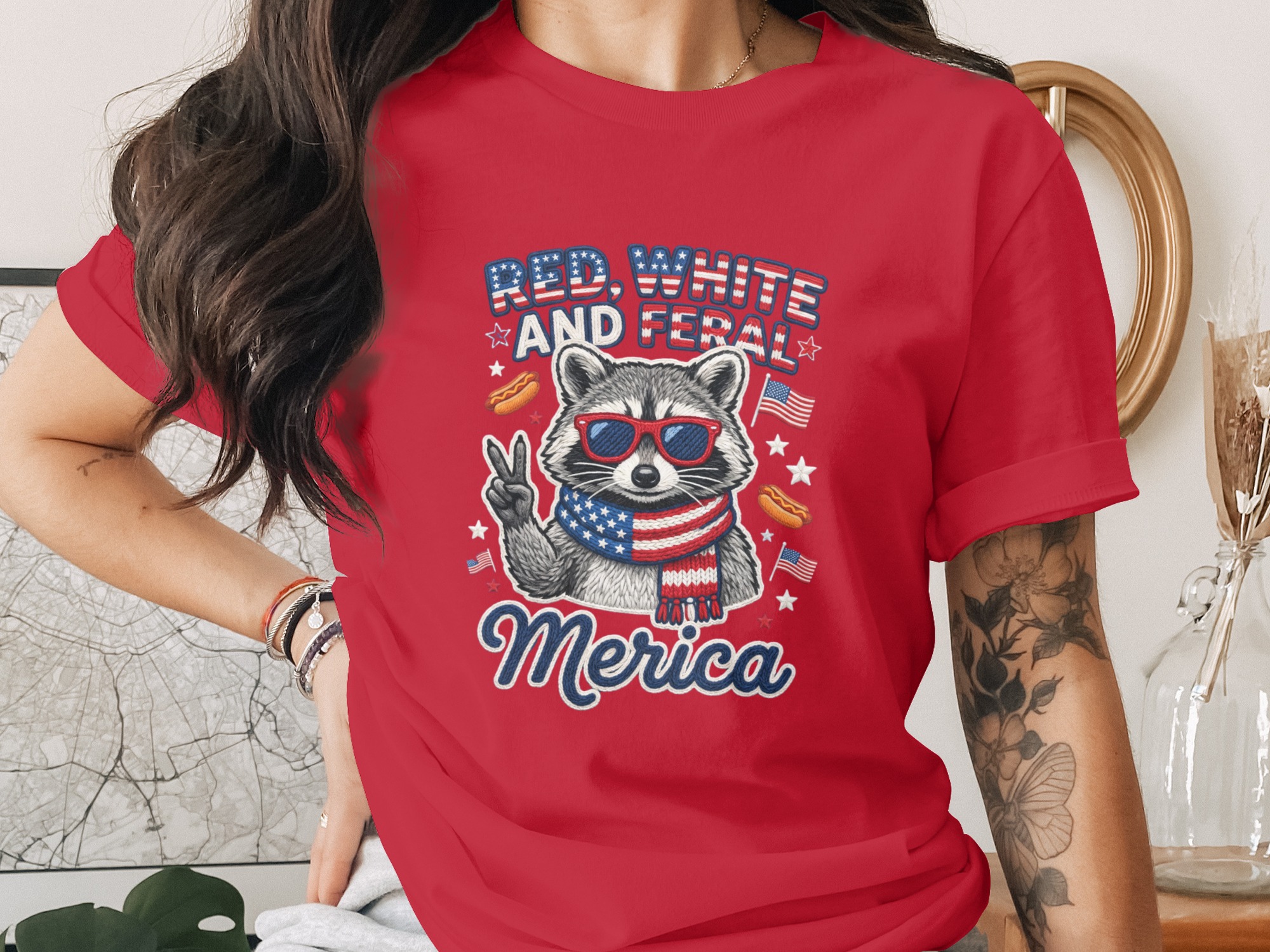 Red White and Feral Merica Raccoon T-Shirt, Funny Patriotic 4th of July Tee, American Flag Animal Shirt, Summer Party Gift - Image 4