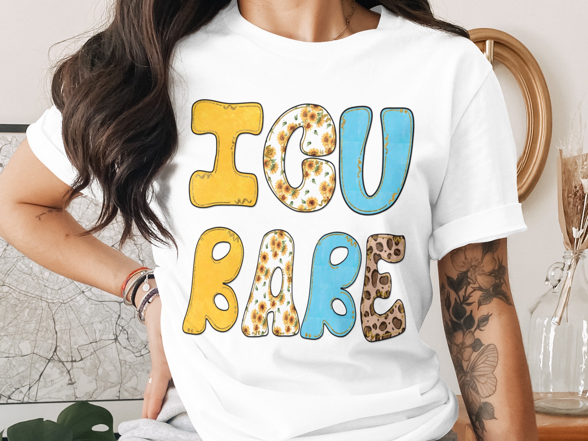 ICU BABE Digital Design PNG for Nurse Life Sublimation, Healthcare Worker Gift, Sunflower Leopard Print Faux Glitter