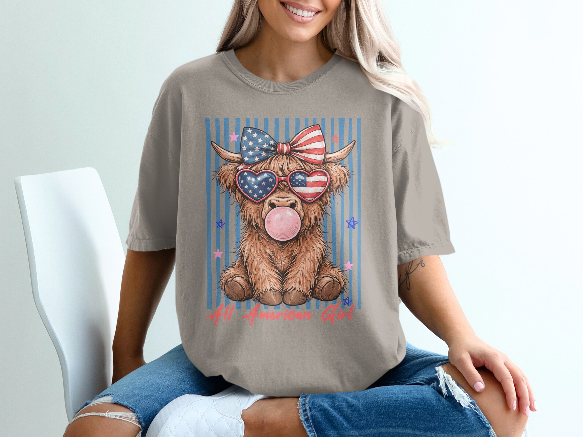 Comfort Colors® Highland Cow T-Shirt, All American Girl Patriotic Summer Tee, Cute 4th of July Western Cowgirl Gift for Her. - Image 11