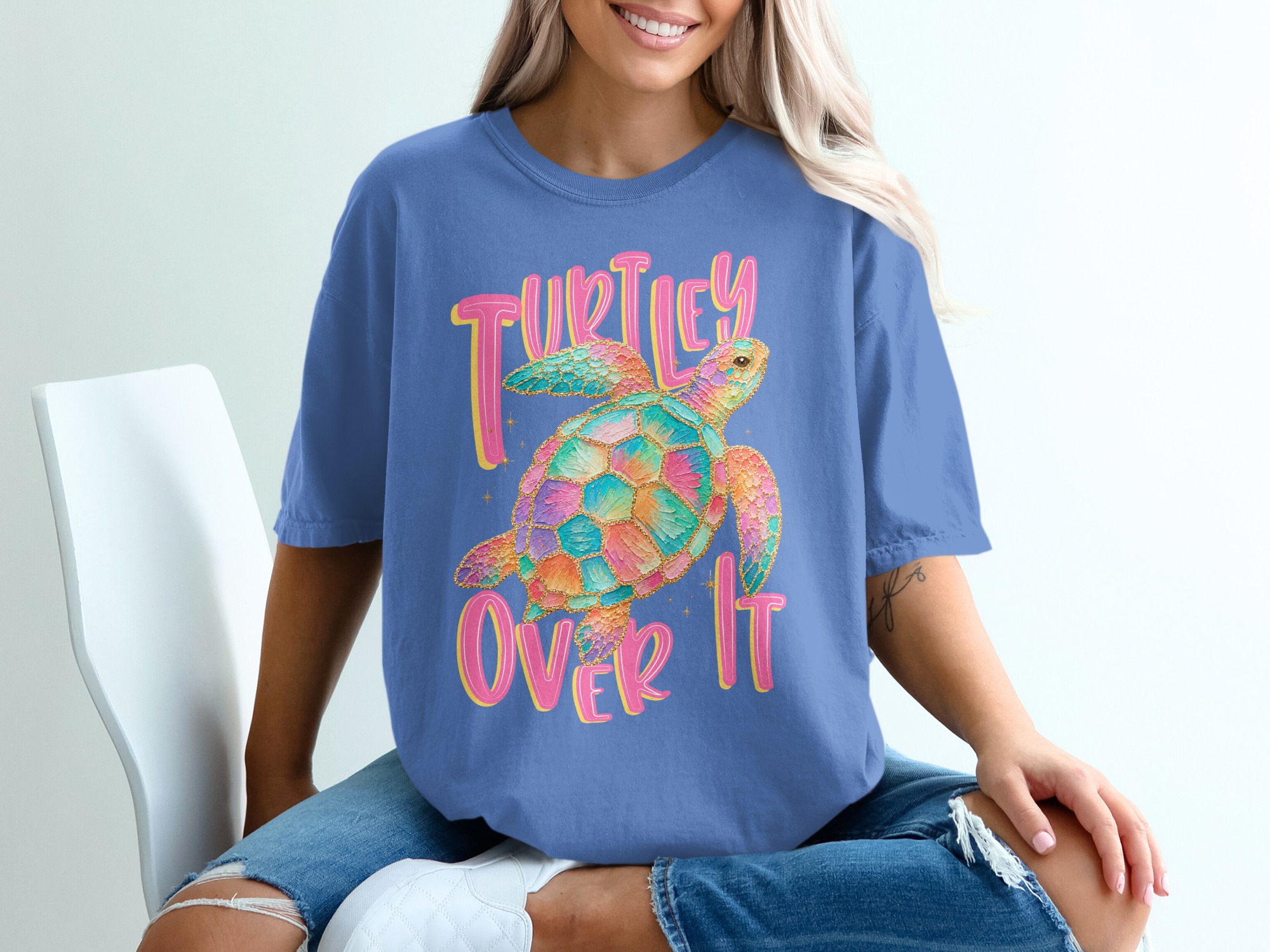 Turtley Over It T-Shirt, Faux Glitter Sea Turtle Tee, Sarcastic Beach Shirt, Colorful Ocean Lover Gift, Summer Vacation Top - Image 20