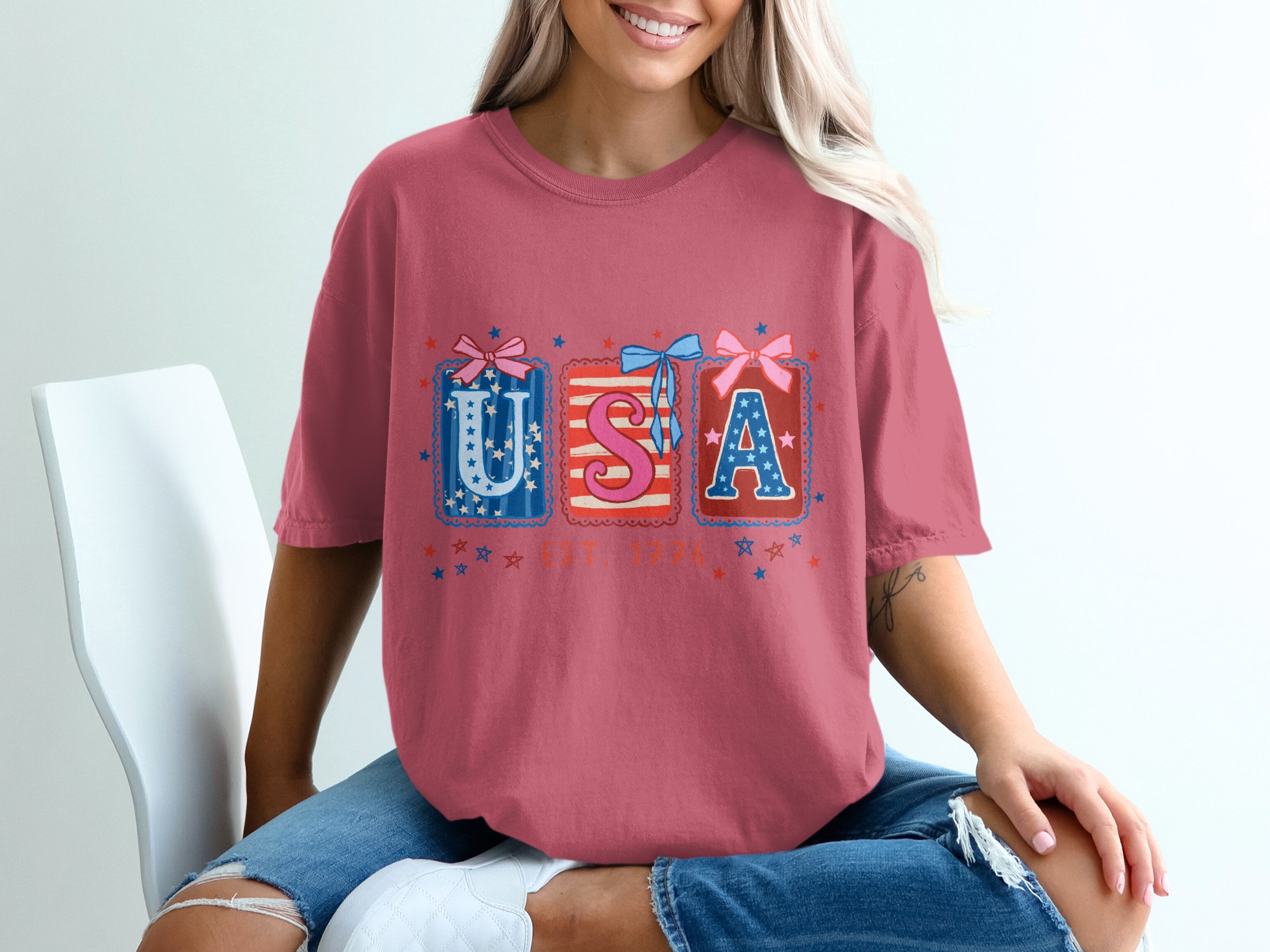 Patriotic USA Est 1776 T-Shirt, Whimsical Americana Tee, Fourth of July Top, Vintage Independence Day Shirt for Her, Cute Stars & Stripes - Image 15