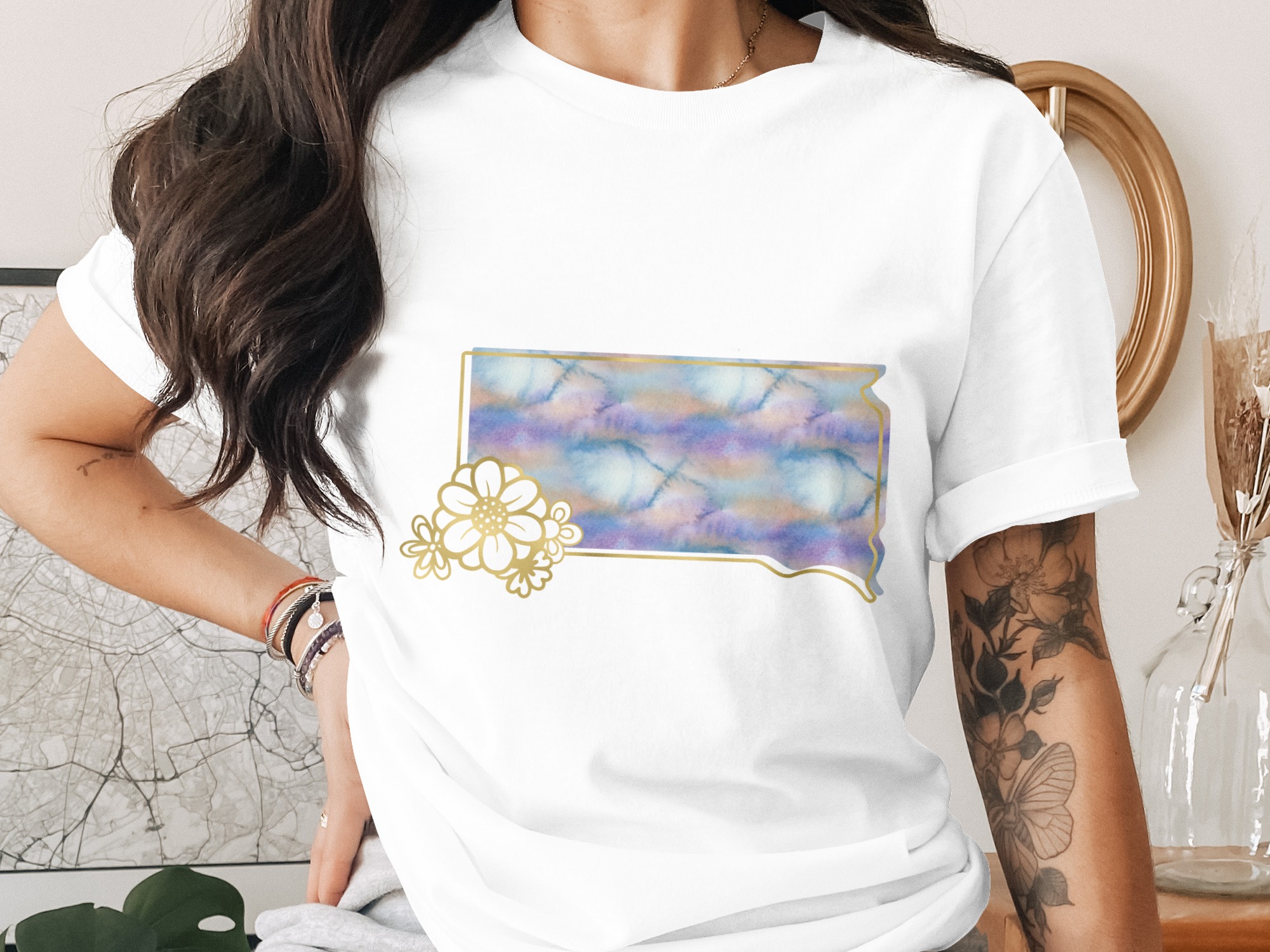Watercolor Floral T-Shirt with Faux Gold Outline, Dreamy Aesthetic Tee, Boho Chic Women's Artistic Top, Unique Nature Lover Gift