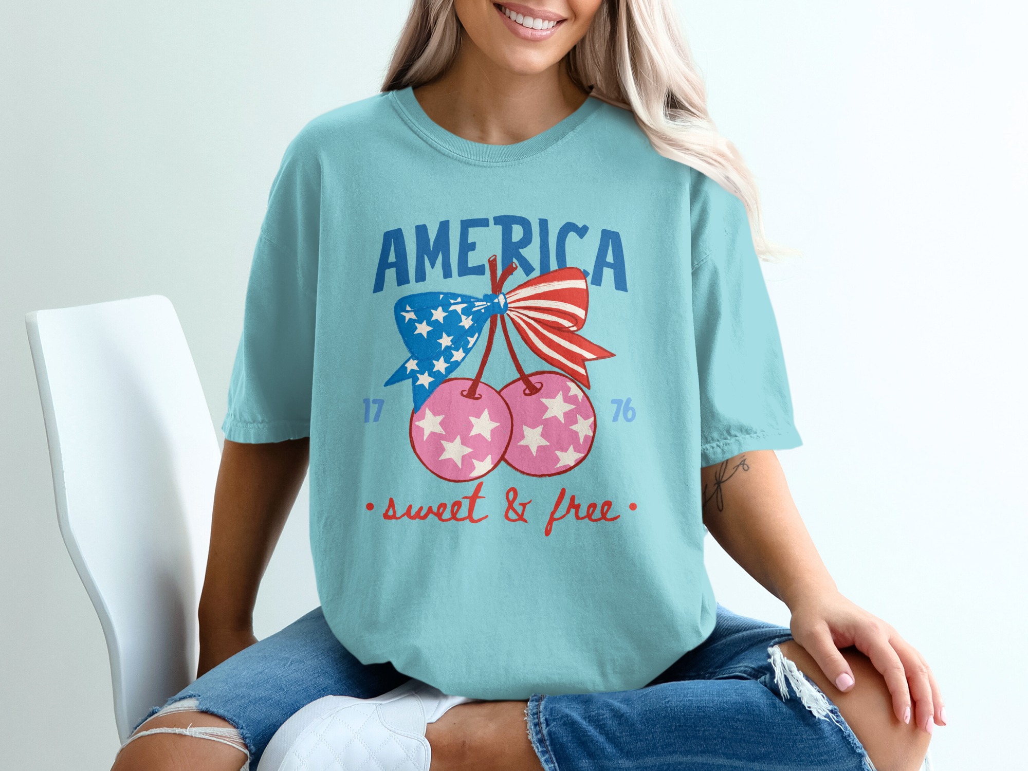 America Sweet & Free T-Shirt, Patriotic Cherry Bow Tee, Fourth of July Vintage Style Shirt, USA Flag Summer Graphic Tee Gift for Her - Image 19