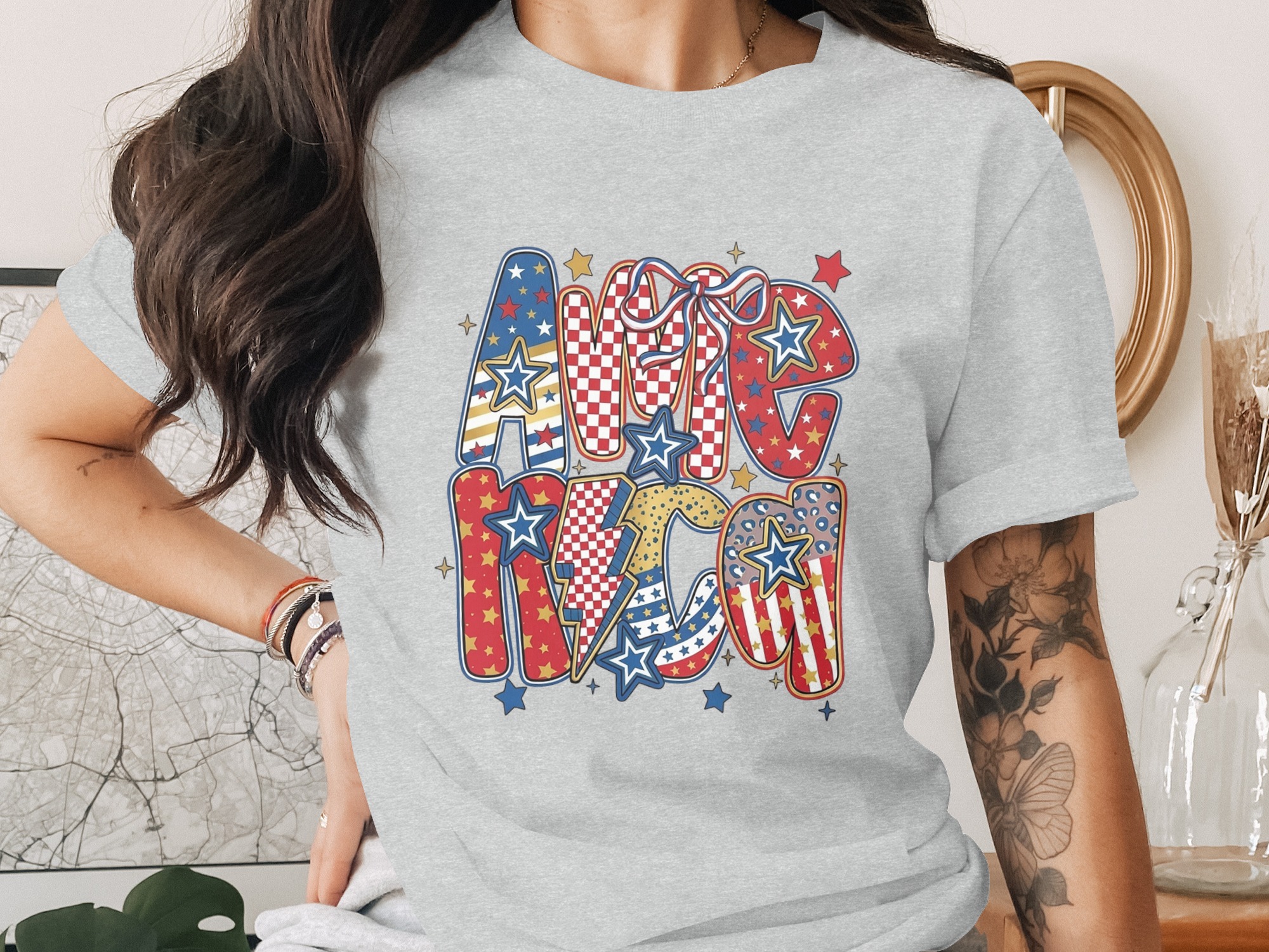 America T-Shirt, Patriotic 4th of July Tee, USA Flag Red White Blue Top, Western Boho Celebration Graphic Shirt - Image 2