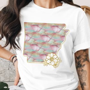 Arkansas Watercolor Flower T-Shirt, Faux Gold State Outline Tee, Boho Chic Floral Arkansas Gift for Her, Aesthetic Pink Teal Gold Top