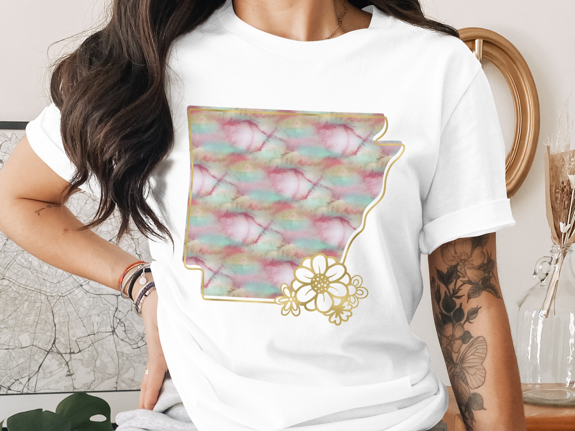 Arkansas Watercolor Flower T-Shirt, Faux Gold State Outline Tee, Boho Chic Floral Arkansas Gift for Her, Aesthetic Pink Teal Gold Top