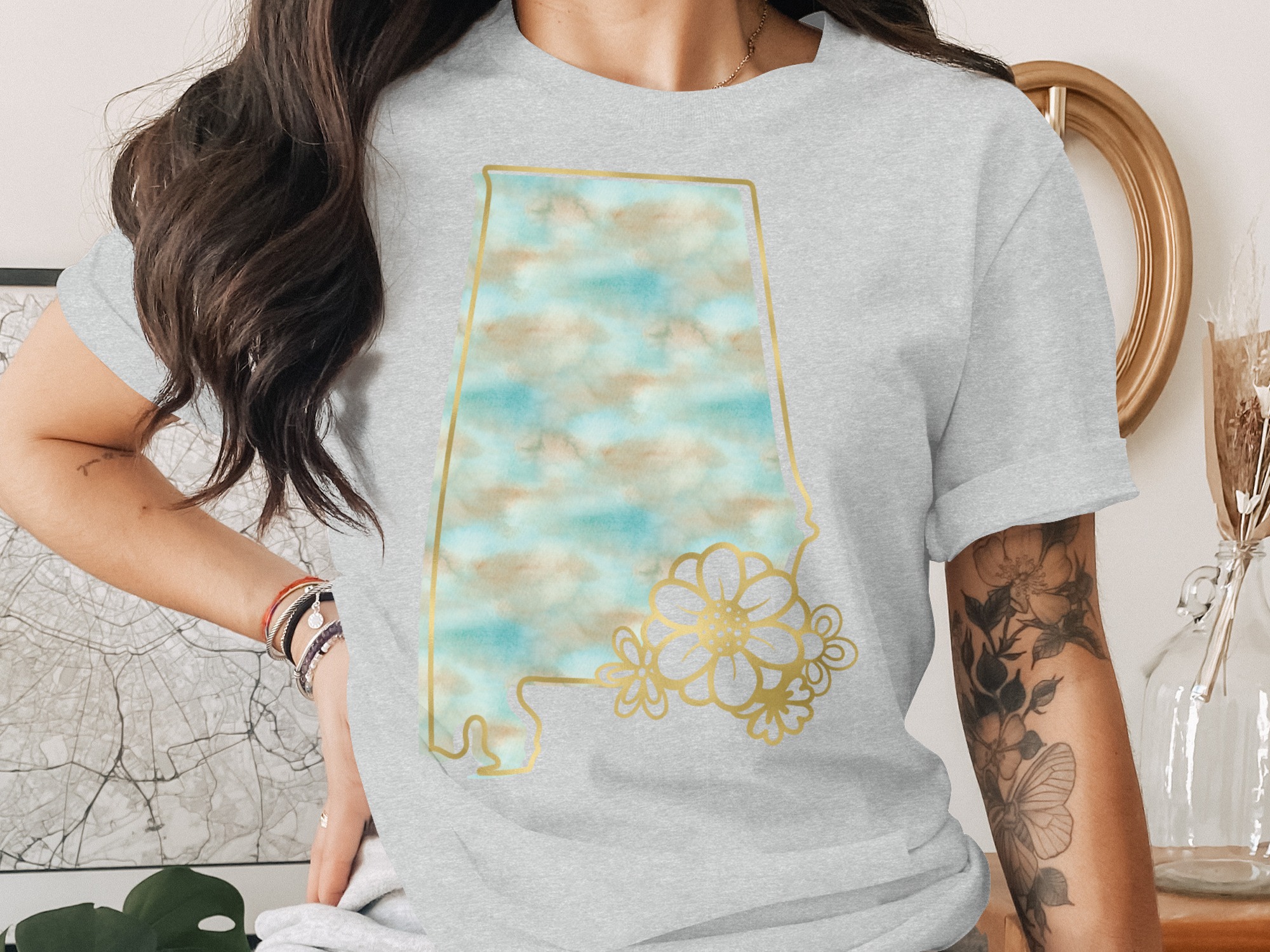 Alabama State Flower T-Shirt, Faux Gold Floral Watercolor Alabama Map Tee, Southern Home State Pride Gift Shirt for Women - Image 2