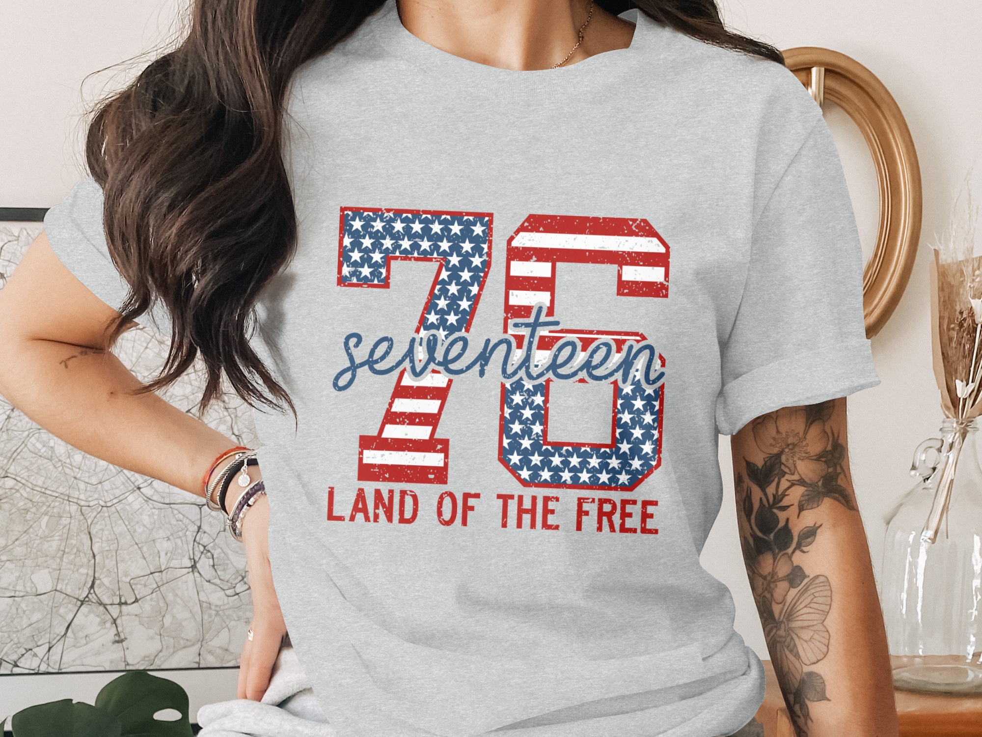 Patriotic 76 Seventeen Land of the Free T-Shirt, Distressed American Flag Tee, Vintage USA Pride Shirt, Independence Day Gift