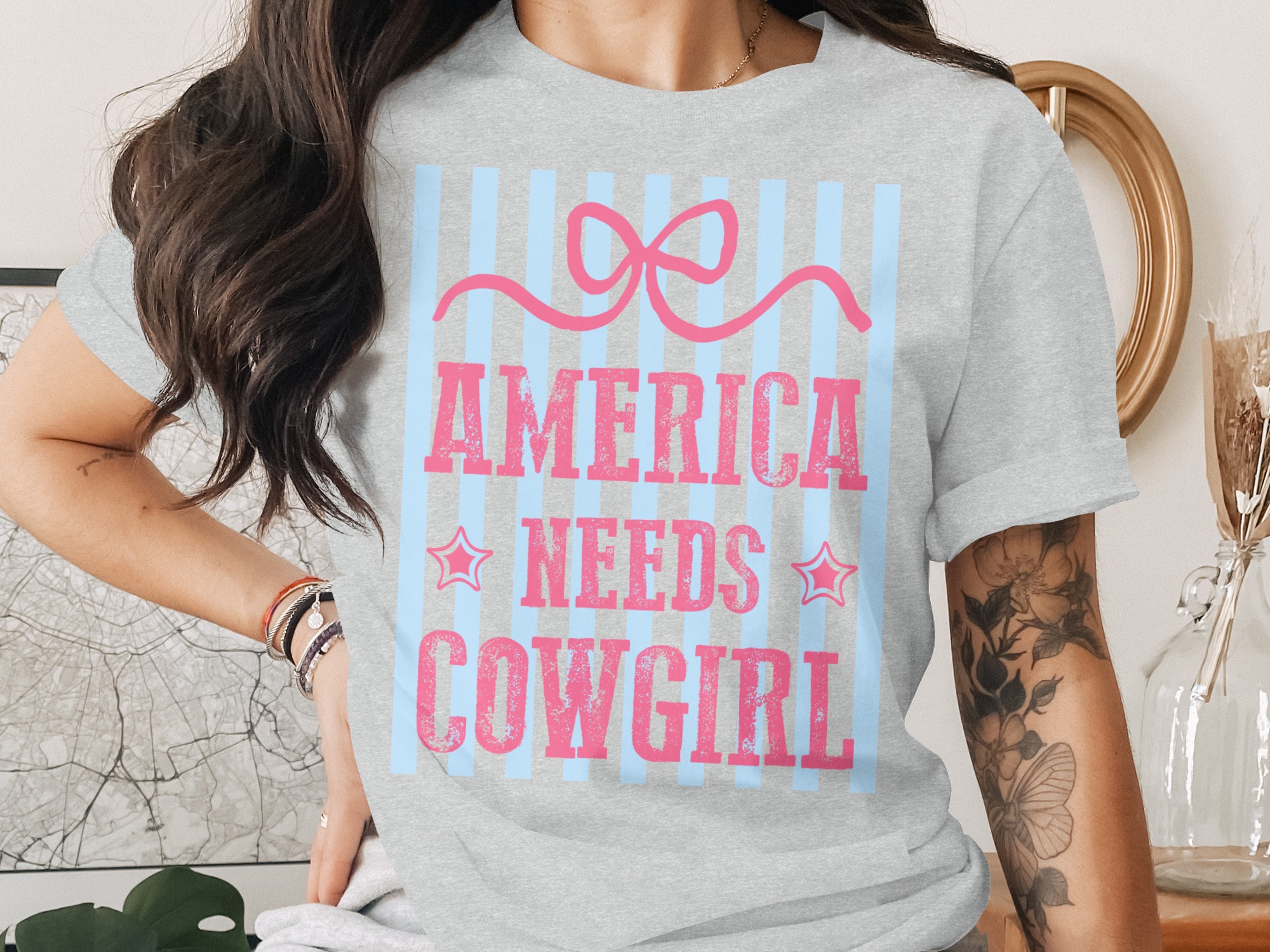 America Needs Cowgirl T-Shirt, Patriotic Western Graphic Tee, Distressed Pink Bow Shirt, Girly Americana Rodeo Top, Gift For Her - Image 2