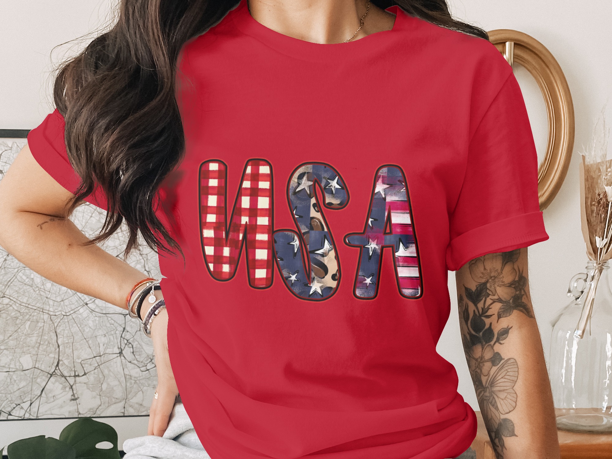 USA T-Shirt, Patriotic 4th of July Shirt, Distressed Buffalo Plaid Leopard Print America Tee, Memorial Day Gift for Her - Image 4