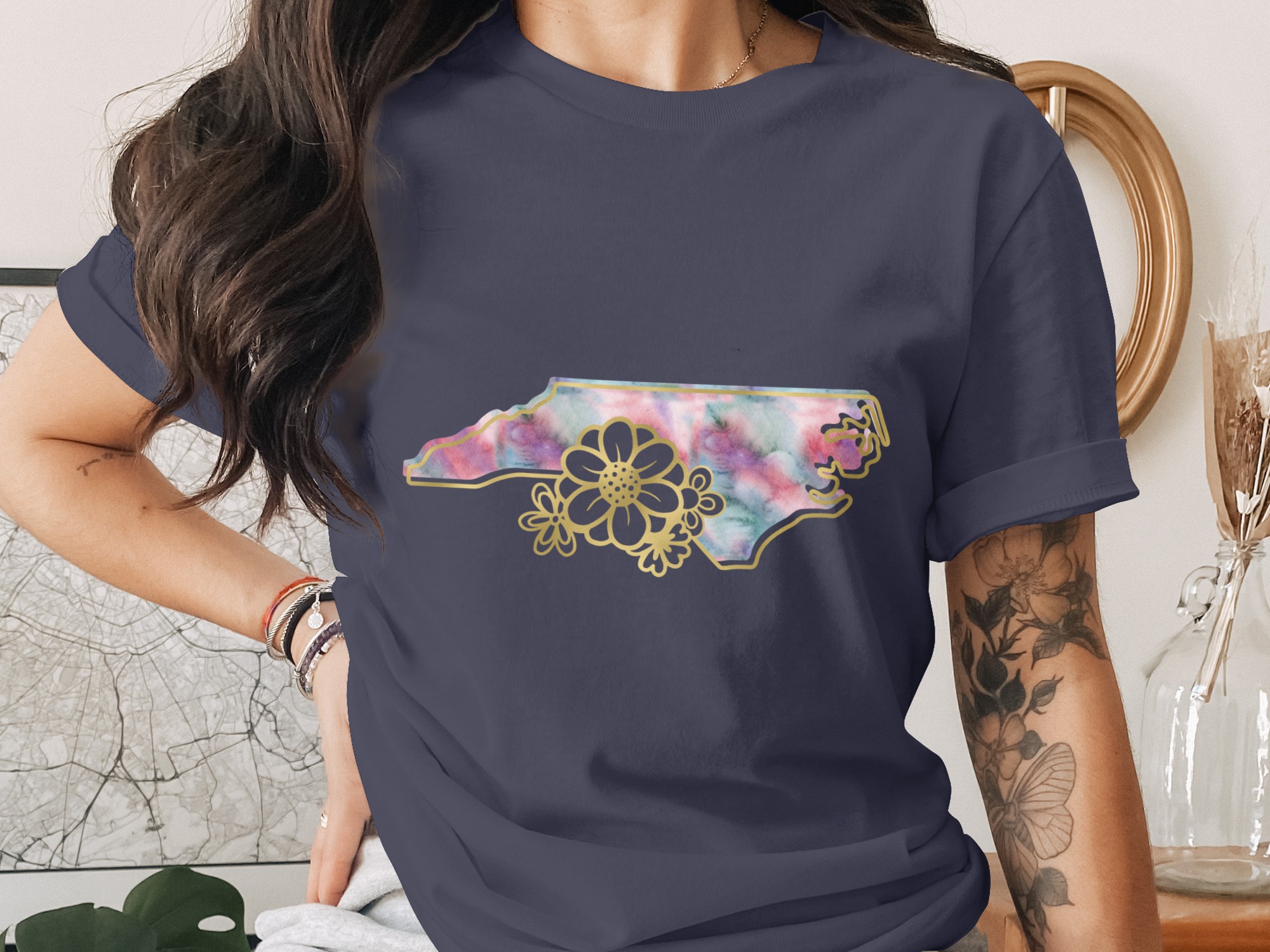 North Carolina Floral Watercolor T-Shirt, NC State Map Faux Gold Effect Tee, Boho Aesthetic State Pride Shirt, NC Lover Gift for Her - Image 3