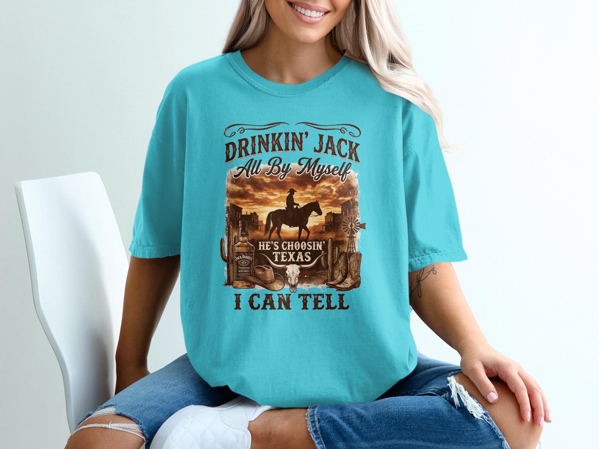 Western Cowboy Texas T-Shirt | Rustic Country Style Graphic Tee for Men & Women | Whiskey Bottle & Bull Skull Design - Image 9