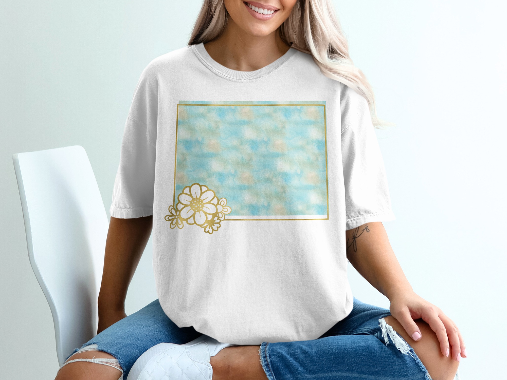 Watercolor Floral T-Shirt, Faux Gold Effect Flower Tee, Boho Aesthetic Women's Top, Artistic Gilded Graphic Print Shirt Gift - Image 6