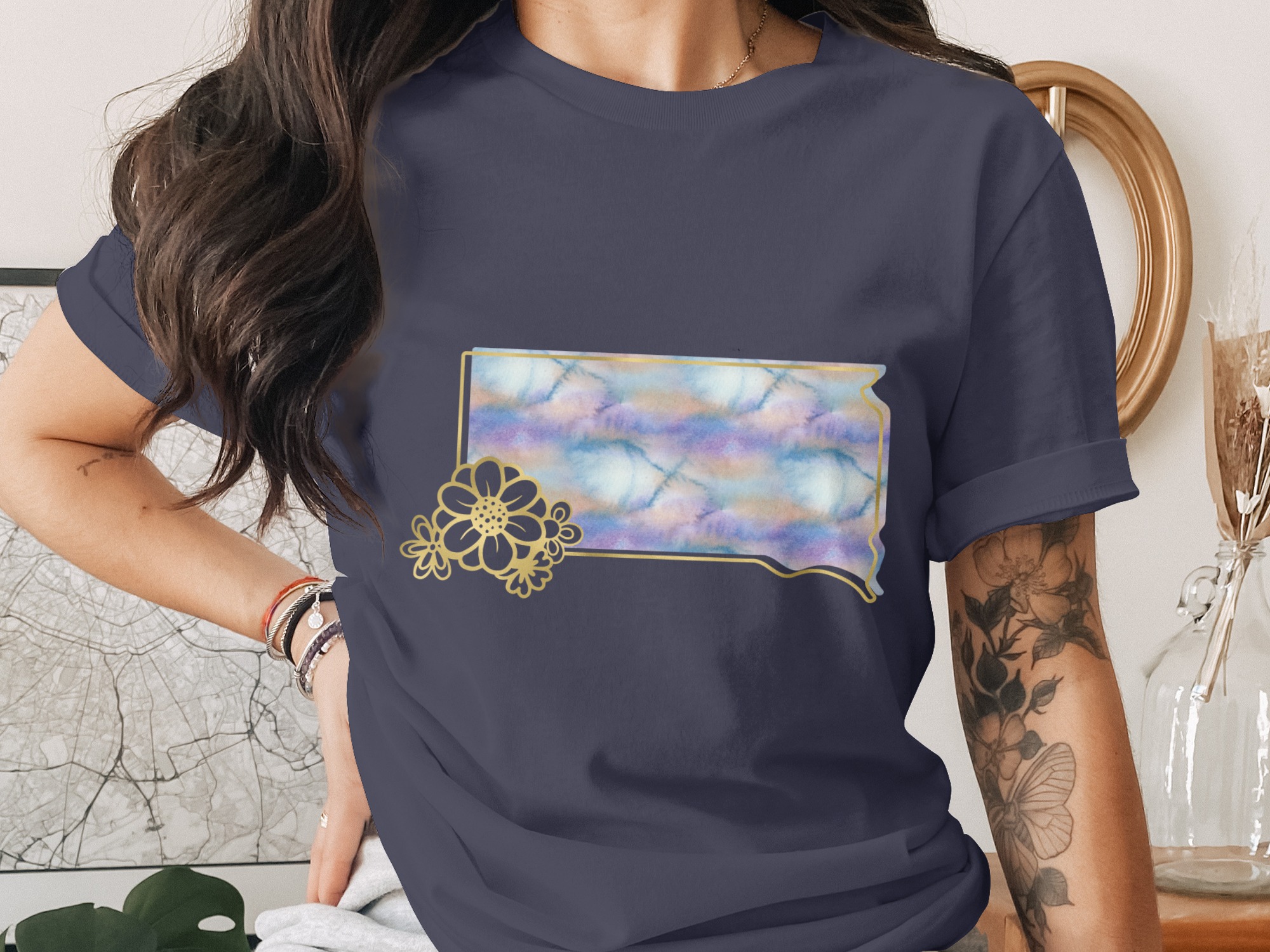 Watercolor Floral T-Shirt with Faux Gold Outline, Dreamy Aesthetic Tee, Boho Chic Women's Artistic Top, Unique Nature Lover Gift - Image 3