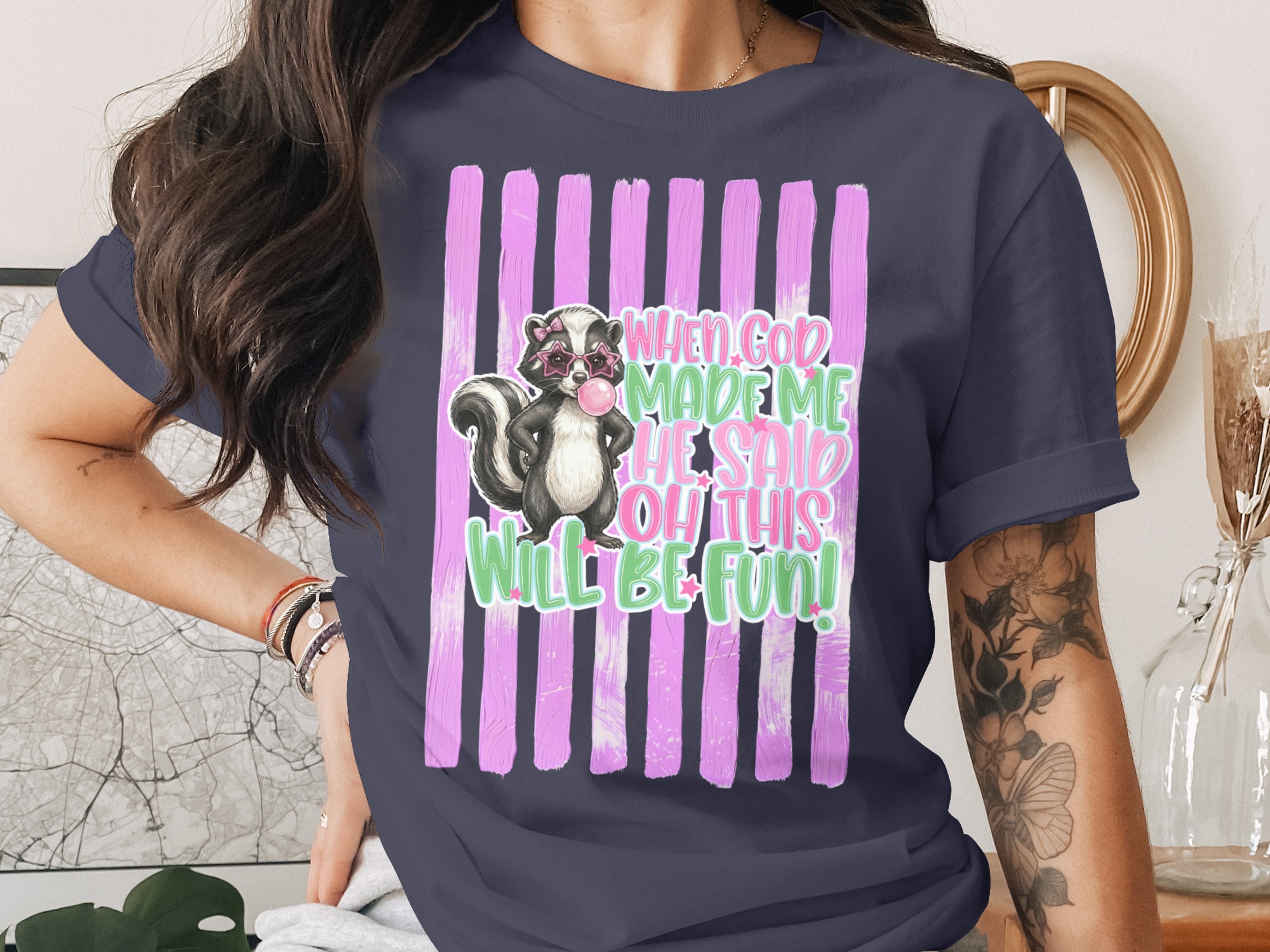 Comfort Colors® Funny Skunk T-Shirt, Sassy Bubblegum Skunk Tee, When God Made Me Oh This Will Be Fun Quote Shirt, Humorous Animal Lover Gift - Image 3