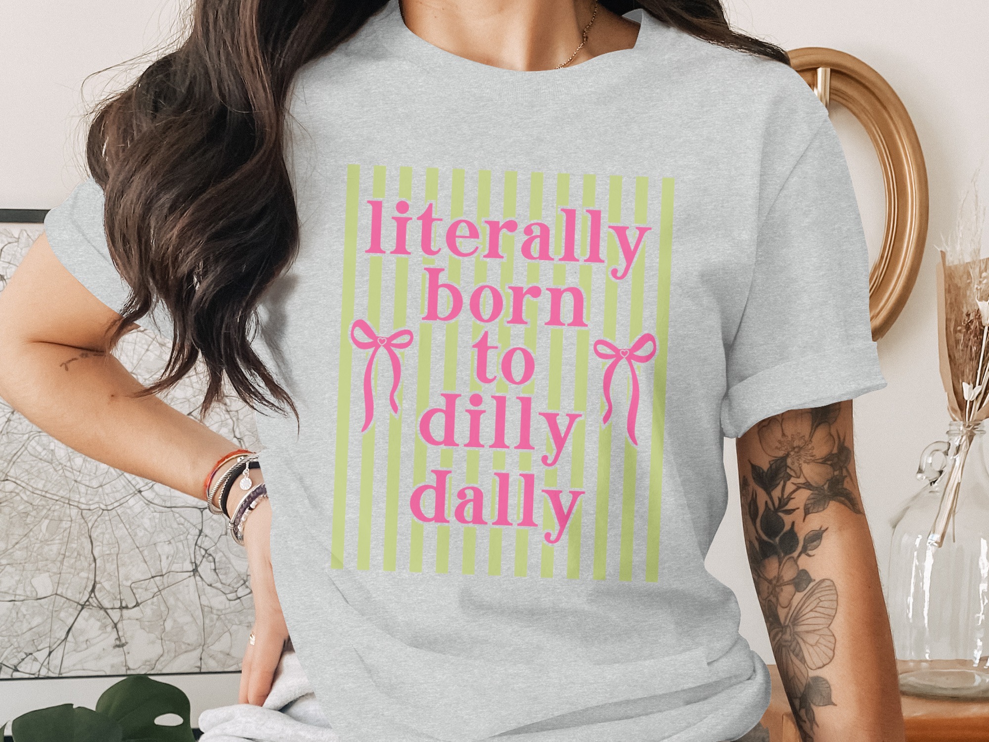 Born to Dilly Dally T-Shirt, Cute Coquette Aesthetic Bow Shirt, Whimsical Pink Text Top, Procrastinator Gift for Her, Lazy Day Tee, Girlcore - Image 2