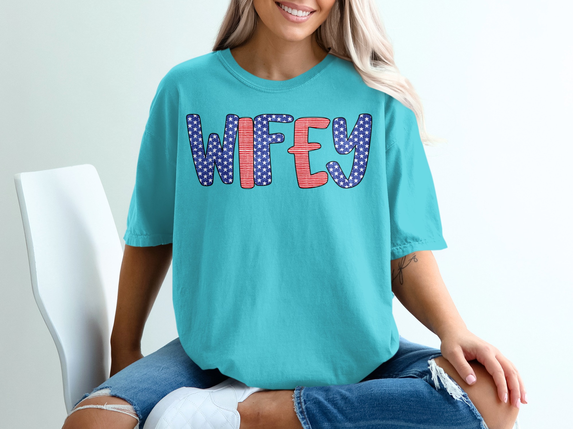 Patriotic Wifey T-Shirt, American Flag Wifey Shirt, Fourth of July Wife Tee, Military Spouse Gift, Engagement Gift, New Mrs. Country Style - Image 9