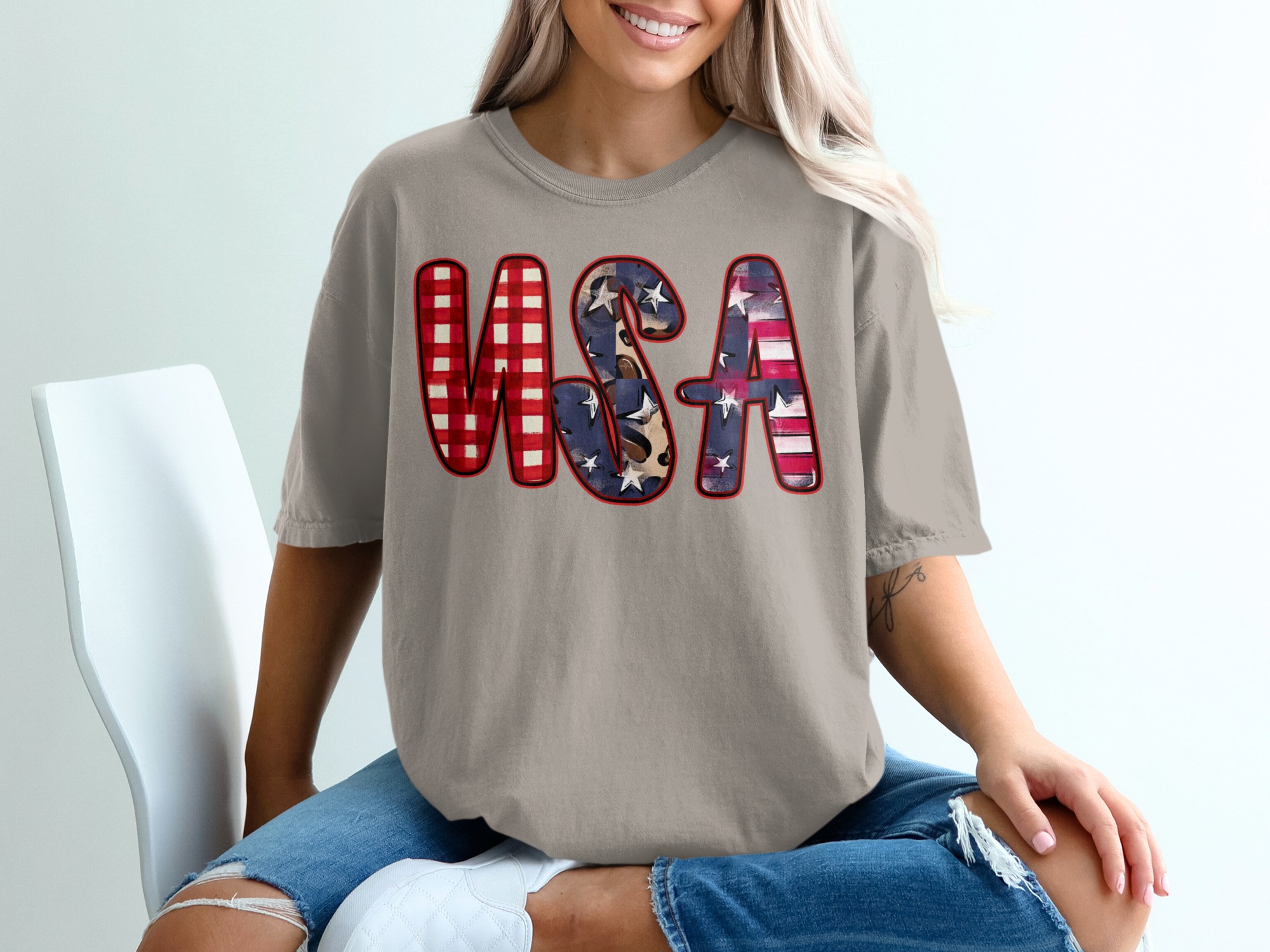 USA T-Shirt, Patriotic 4th of July Shirt, Distressed Buffalo Plaid Leopard Print America Tee, Memorial Day Gift for Her - Image 11