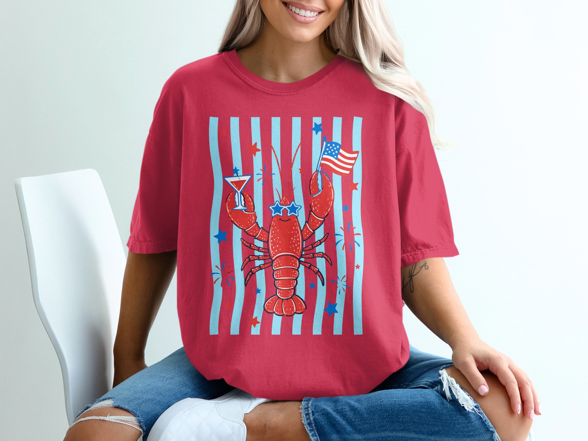 Comfort Colors® Patriotic Lobster T-Shirt, Funny 4th of July Tee, Summer Coastal Vacation Shirt, USA Flag Lobster Party Top - Image 14