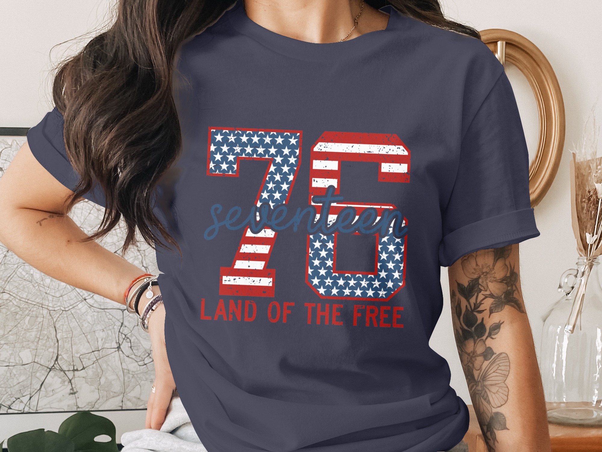 Patriotic 76 Seventeen Land of the Free T-Shirt, Distressed American Flag Tee, Vintage USA Pride Shirt, Independence Day Gift - Image 2