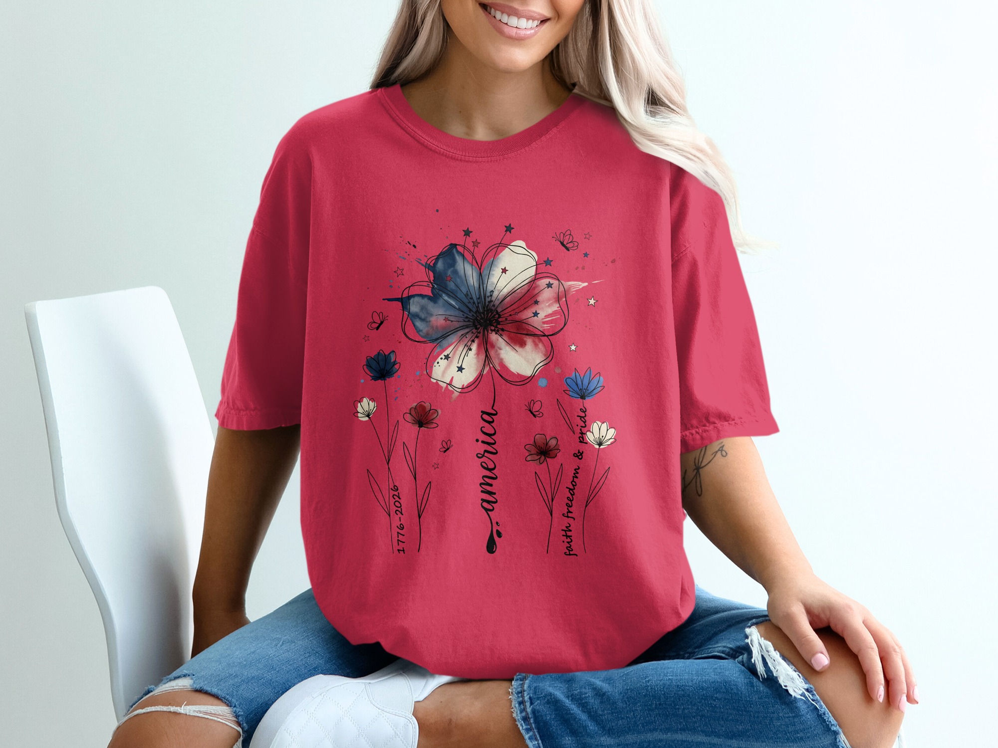Patriotic Floral America Watercolor T-Shirt | Faith Freedom Pride Shirt | 4th of July Independence Day Tee | American Flag Flower - Image 14