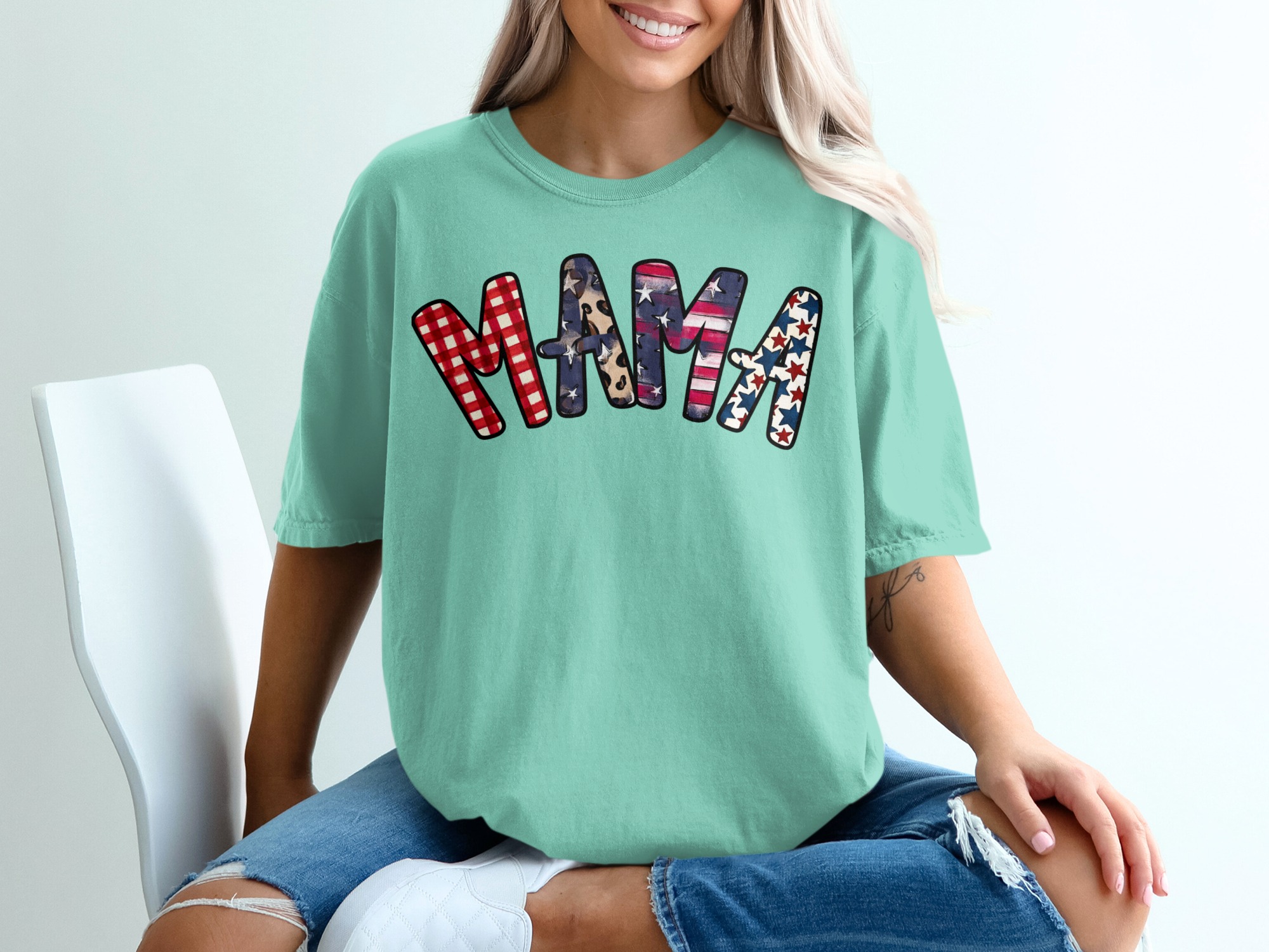 Patriotic Mama T-Shirt, Distressed American Flag Gingham Leopard Stars Graphic Tee, Mama Bear Gift, Fourth of July Outfit - Image 10