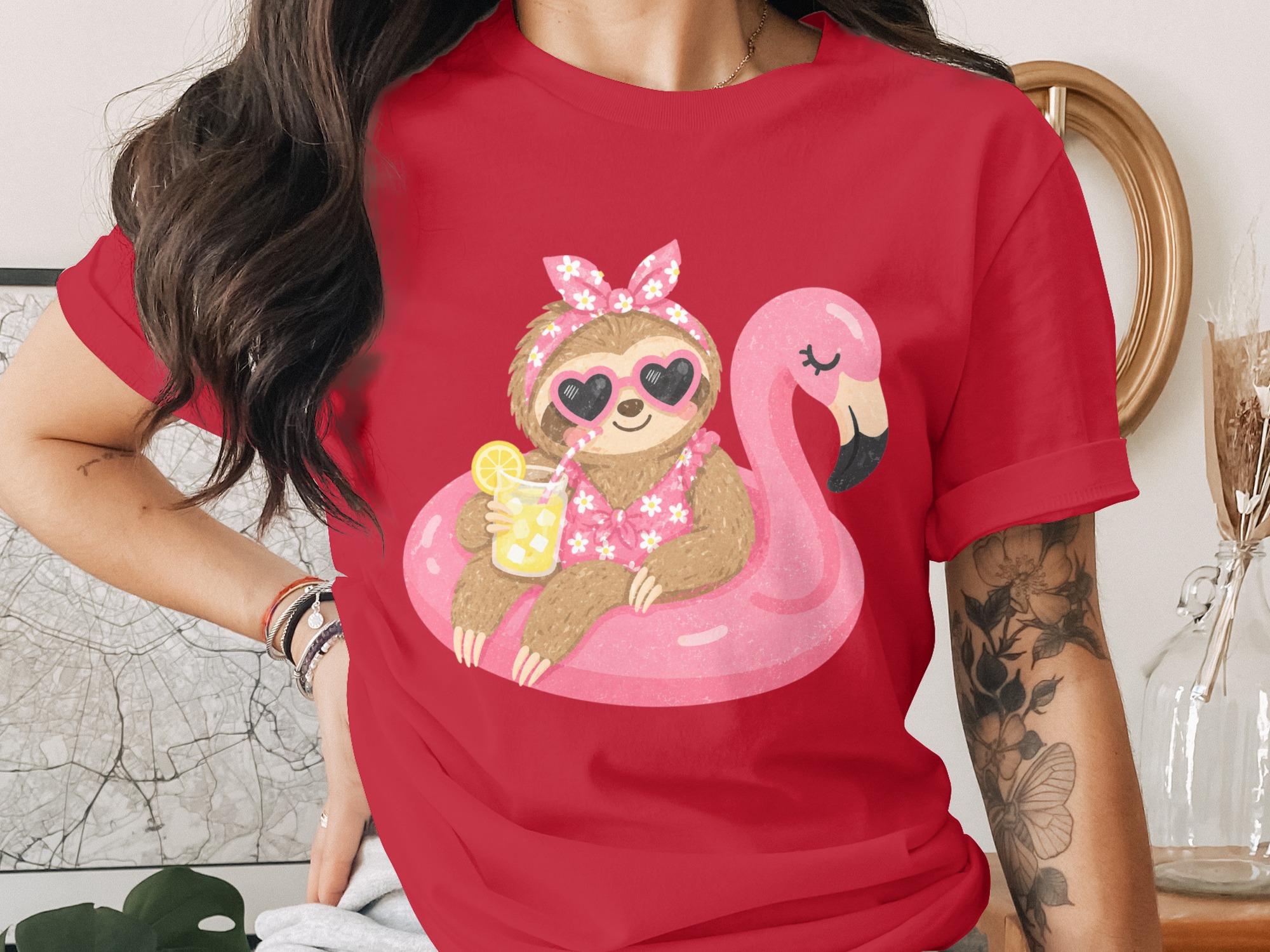 Cute Sloth Summer Vibes Flamingo Pool T-Shirt - Image 2