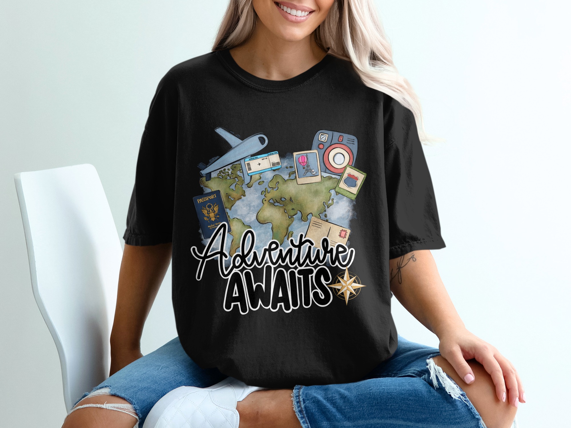 Adventure Awaits T-Shirt, Wanderlust Travel Tee, World Map Explorer Shirt, Passport Airplane Camera Gift for Travelers, Vacation Outfit Top - Image 2