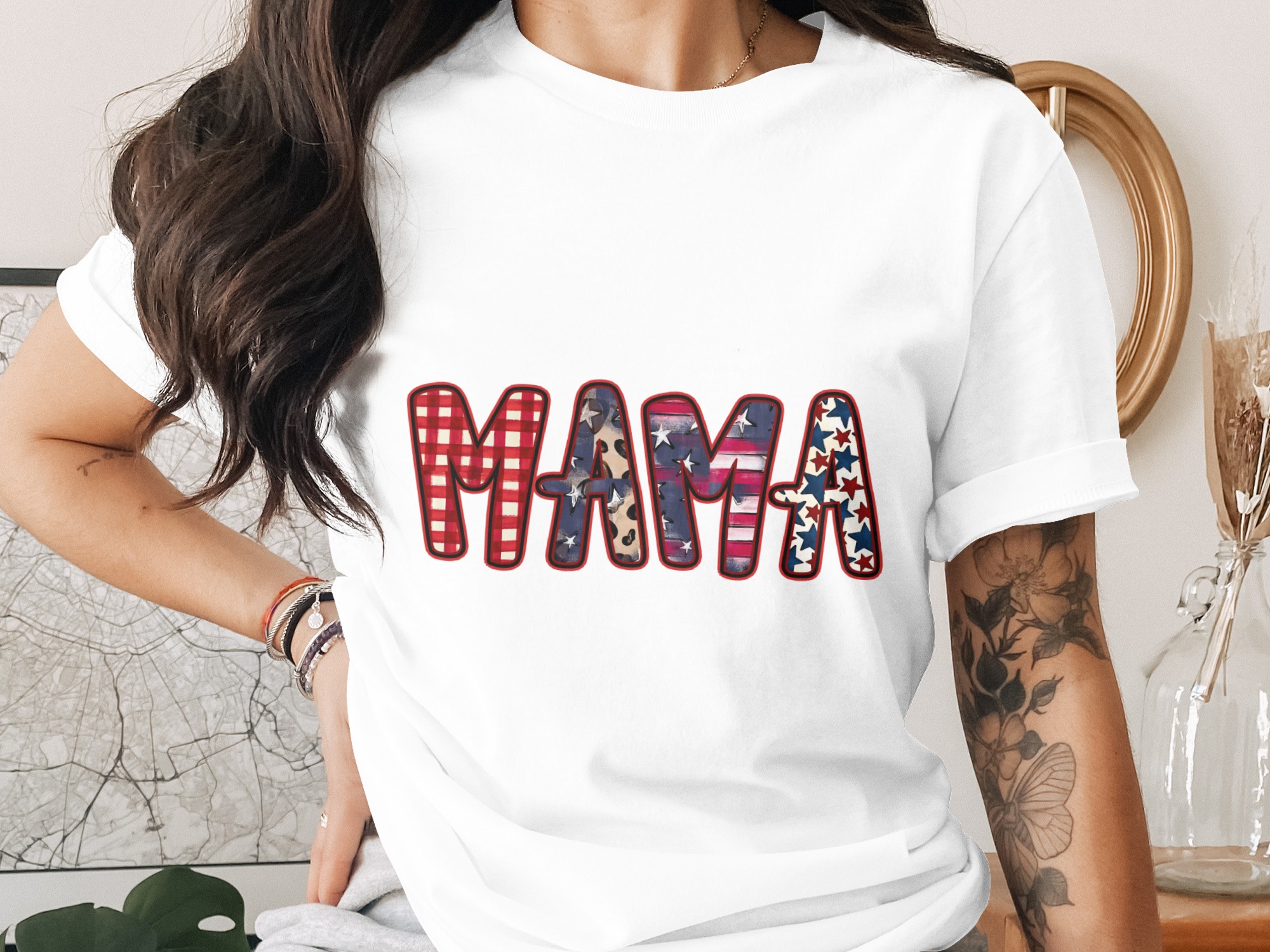 Patriotic Mama T-Shirt, Distressed Flag Mom Shirt, Leopard Star Gingham Print Tee, American Mama Life Gift, Fourth of July Outfit