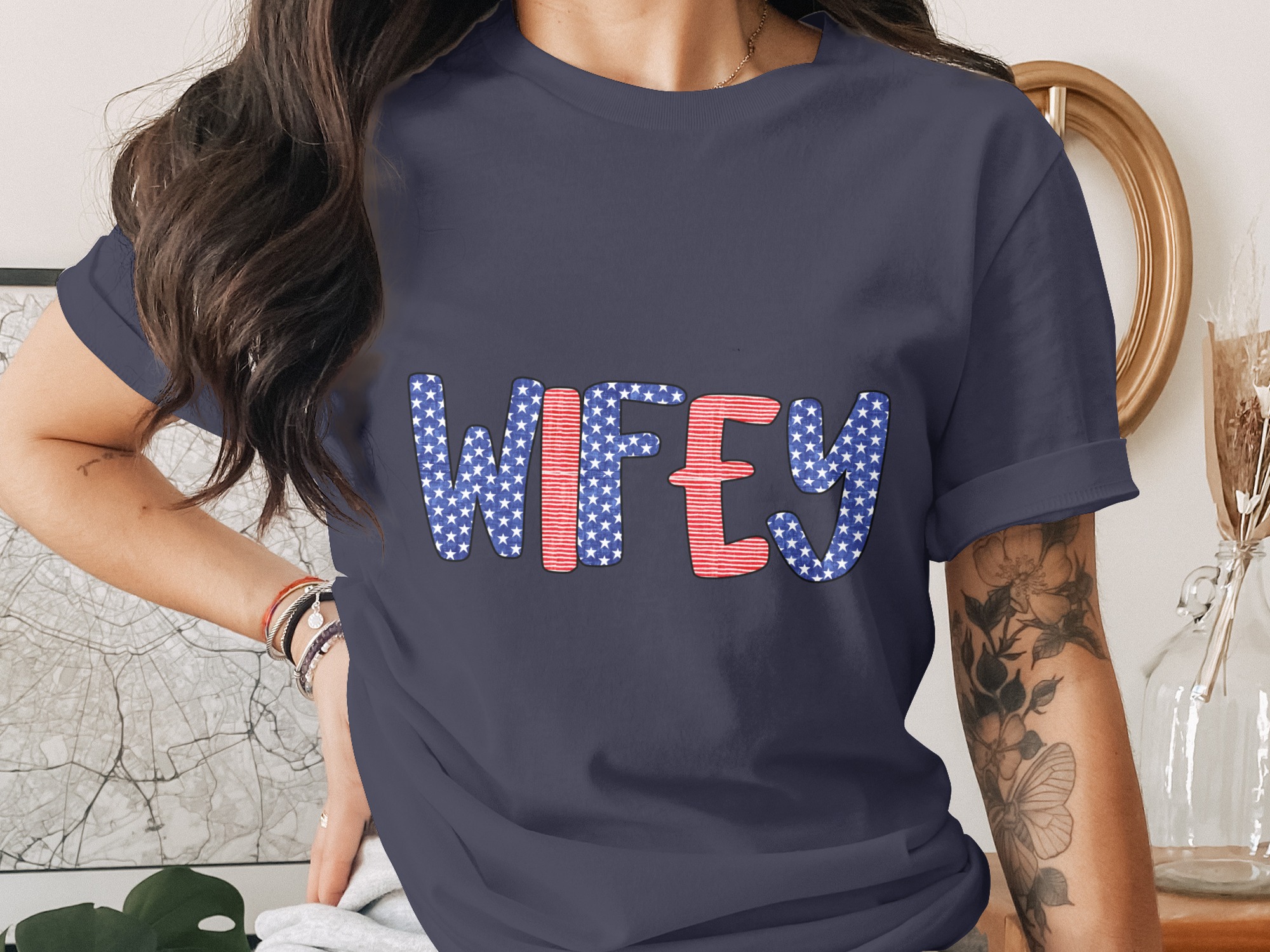 Patriotic Wifey T-Shirt, American Flag Wifey Shirt, Fourth of July Wife Tee, Military Spouse Gift, Engagement Gift, New Mrs. Country Style - Image 3
