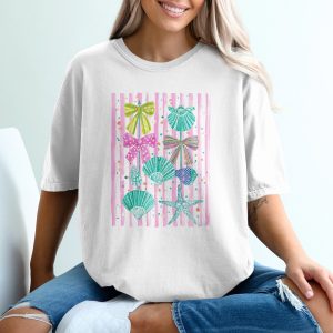 Coastal Preppy T-Shirt, Comfort Colors ®, Cute Beachy Bows & Shells Tee, Watercolor Summer Vacation Shirt, Girly Ocean Lover Gift