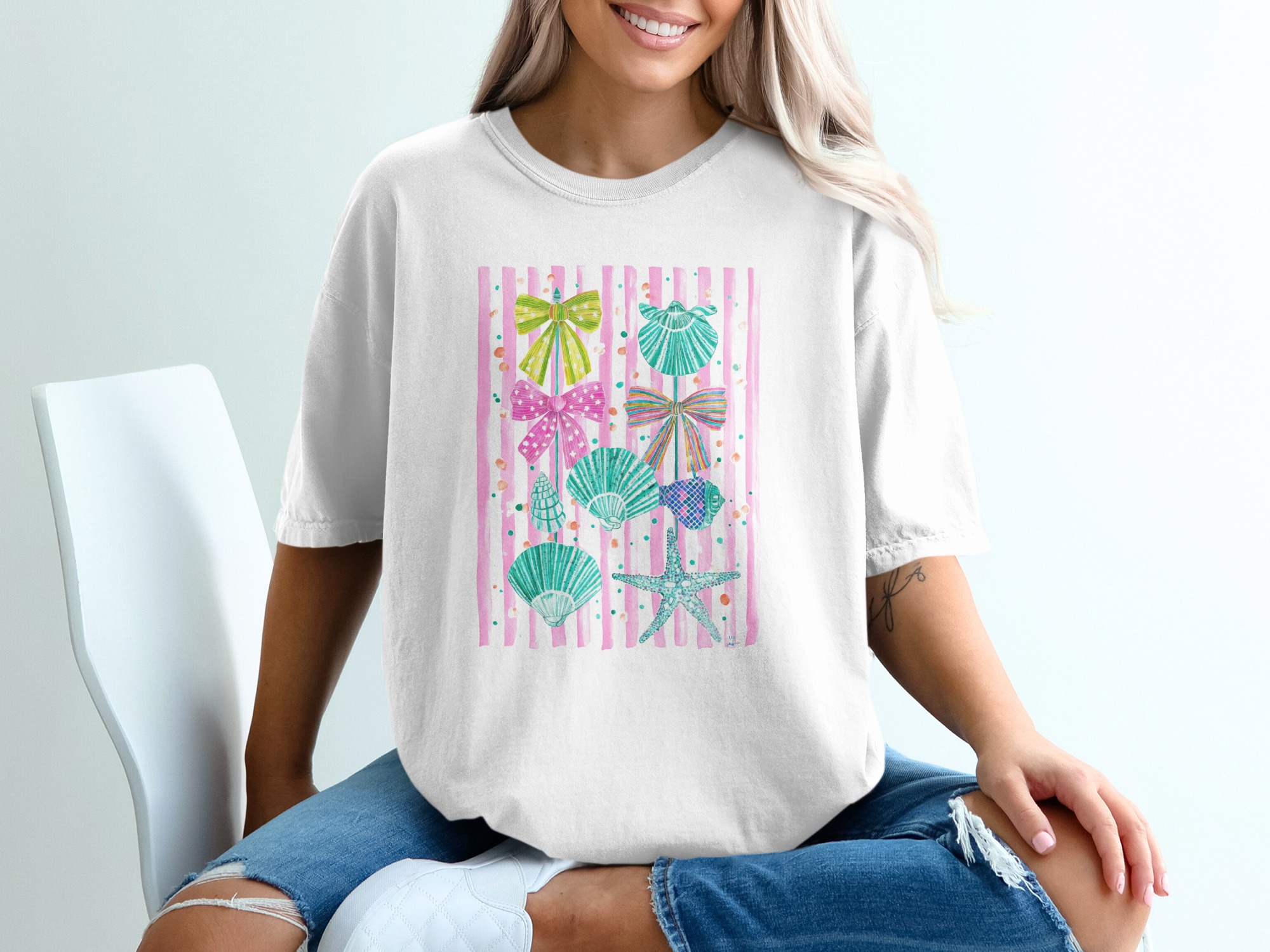 Coastal Preppy T-Shirt, Comfort Colors ®, Cute Beachy Bows & Shells Tee, Watercolor Summer Vacation Shirt, Girly Ocean Lover Gift