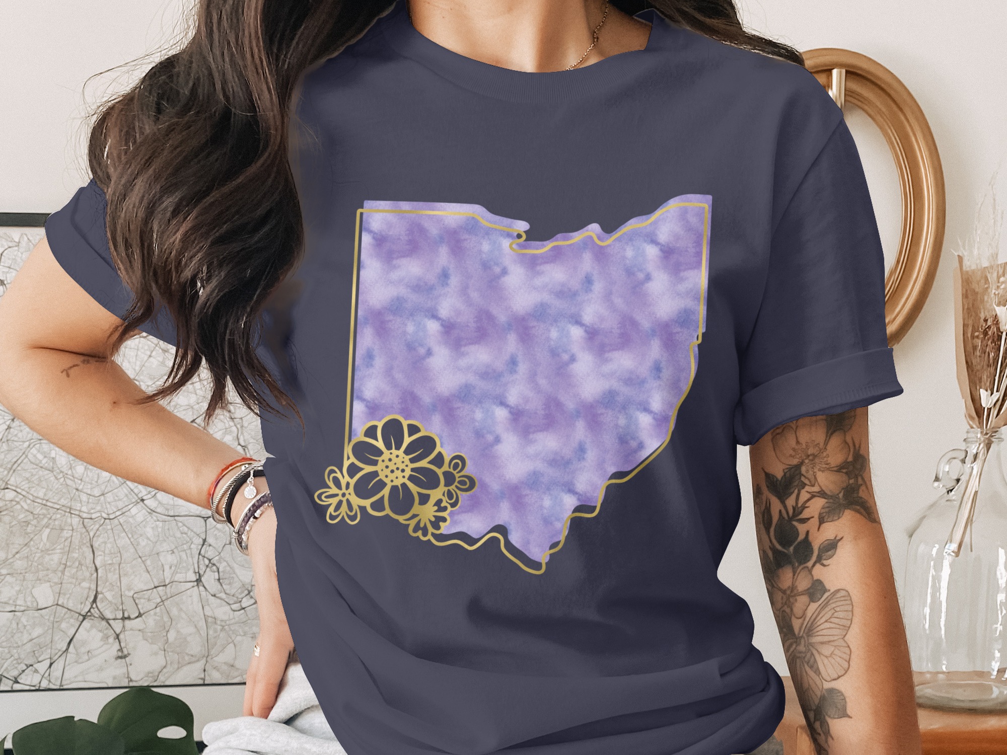 Ohio State T-Shirt, Purple Watercolor Ohio Map with Faux Gold Floral Design, Ohio Native Lover Tee, Ohio Gift for Her - Image 3