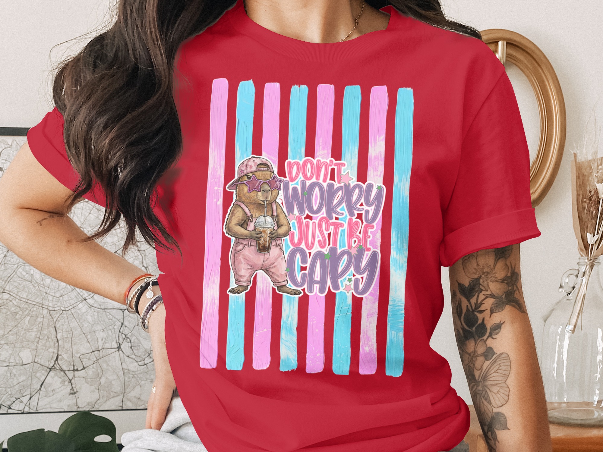 Comfort Colors ® Capybara T-Shirt, 'Don't Worry Just Be Capy' Cute Animal Lover Tee, Iced Coffee Capybara Shirt, Whimsical Pastel Gift Idea - Image 4