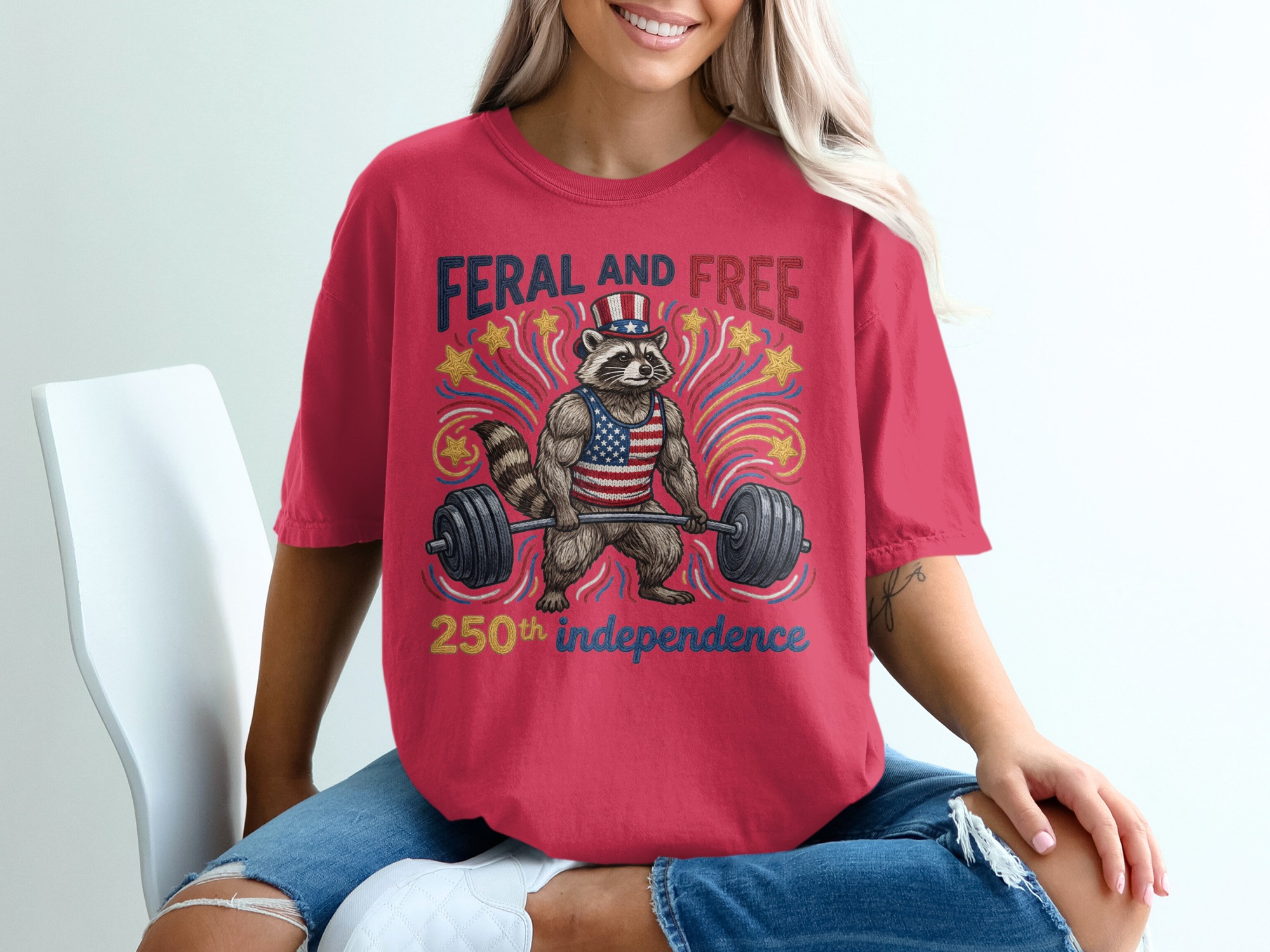 Feral and Free Raccoon T-Shirt, Patriotic Gym Raccoon Tee, 250th Independence Day Shirt, American Flag Weightlifting Shirt - Image 14
