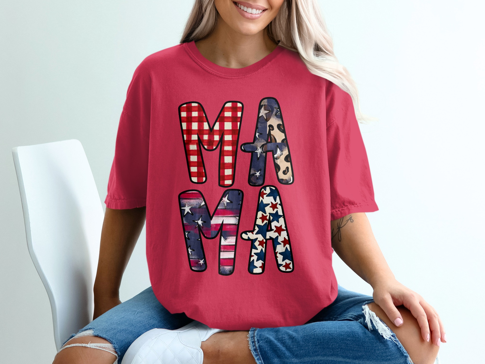 Patriotic Mama T-Shirt, Distressed Flag & Leopard Print Stars Tee, Buffalo Plaid Americana Mom Life Gift - Image 14