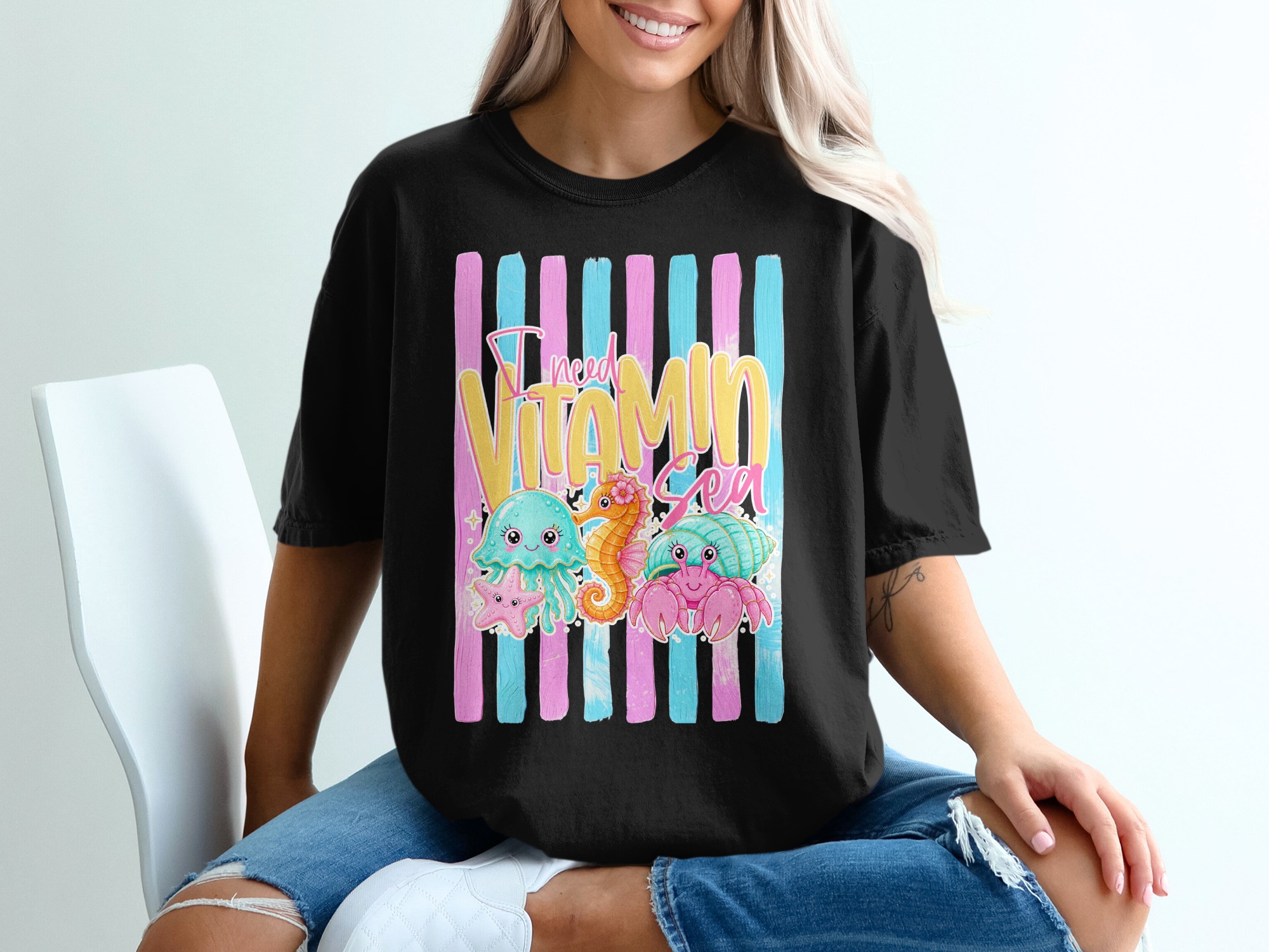 Comfort Colors® Vitamin Sea T-Shirt, Cute Ocean Animals Tee, Beach Vacation Shirt, Summer Vibes Jellyfish Seahorse Crab Gift - Image 8