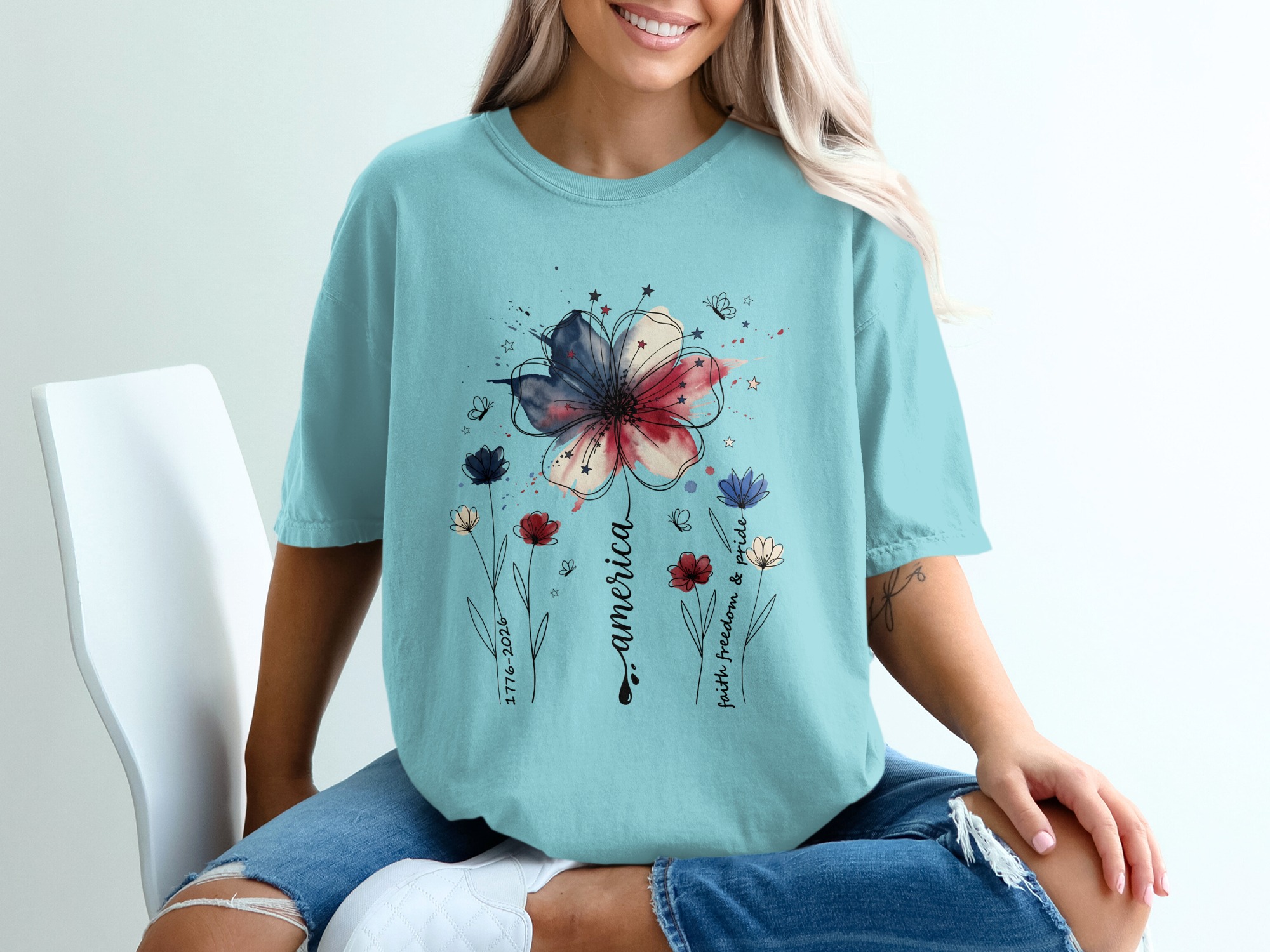 Patriotic Floral America Watercolor T-Shirt | Faith Freedom Pride Shirt | 4th of July Independence Day Tee | American Flag Flower - Image 19