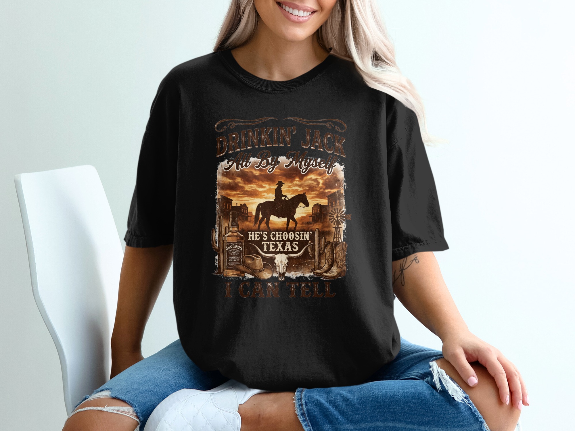 Western Cowboy Texas T-Shirt | Rustic Country Style Graphic Tee for Men & Women | Whiskey Bottle & Bull Skull Design - Image 8