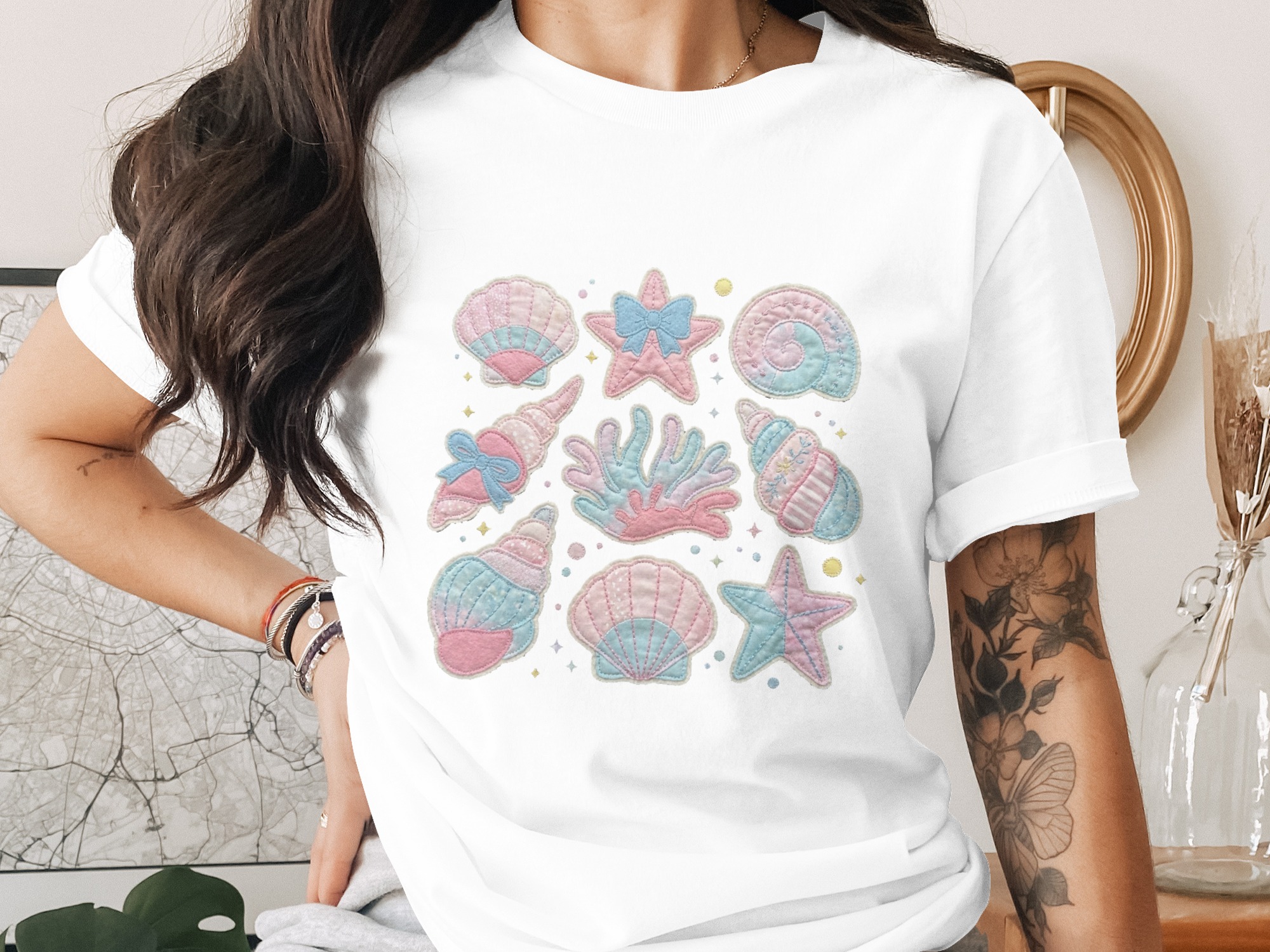 Pastel Seashell T-Shirt, Cute Mermaidcore Coquette Aesthetic Tee, Whimsical Ocean Starfish Coral Graphic Shirt, Soft Girl Beach Vacation Top