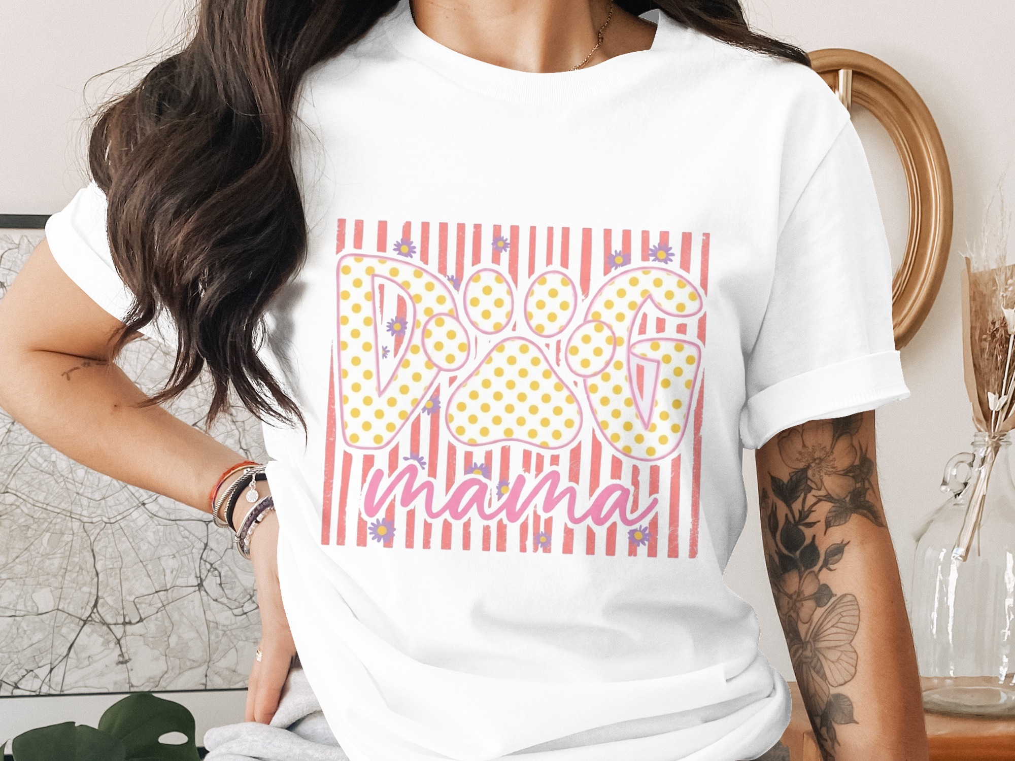Dog Mama T-Shirt, Cute Polka Dot Paw Print Tee, Retro Fur Mama Gift for Dog Lovers, Women's Animal Lover Shirt