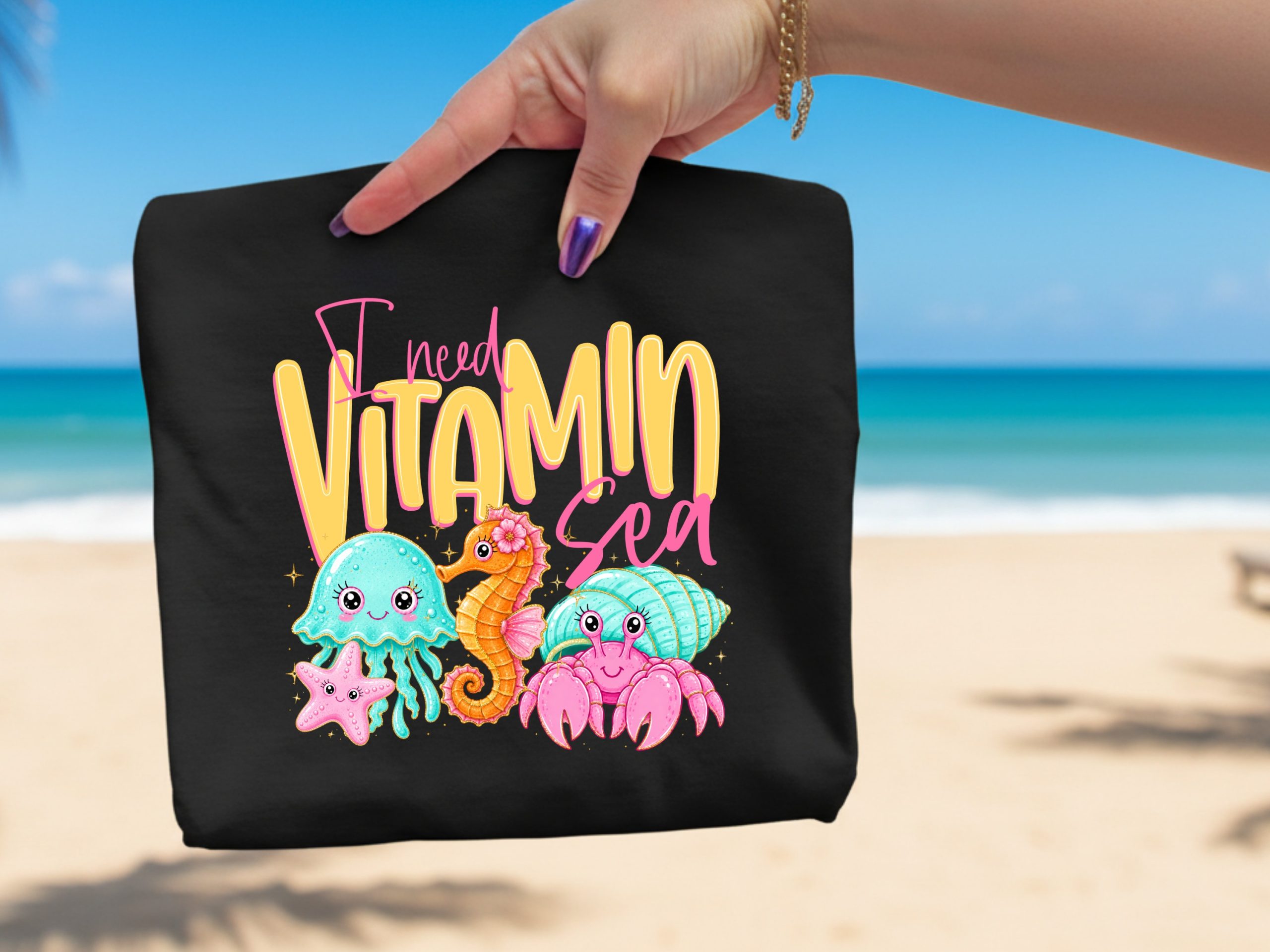 Vitamin Sea T-Shirt, Cute Ocean Lover Tee, Kawaii Beach Vacation Shirt, Faux Glitter Sea Creature Top, Summer Vibes Gift for Her - Image 2