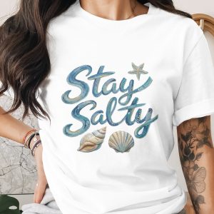 Stay Salty T-Shirt, Beach Lover Gift, Coastal Ocean Tee with Faux Fabric Texture Design, Summer Vacation Apparel, Nautical Sea Shell